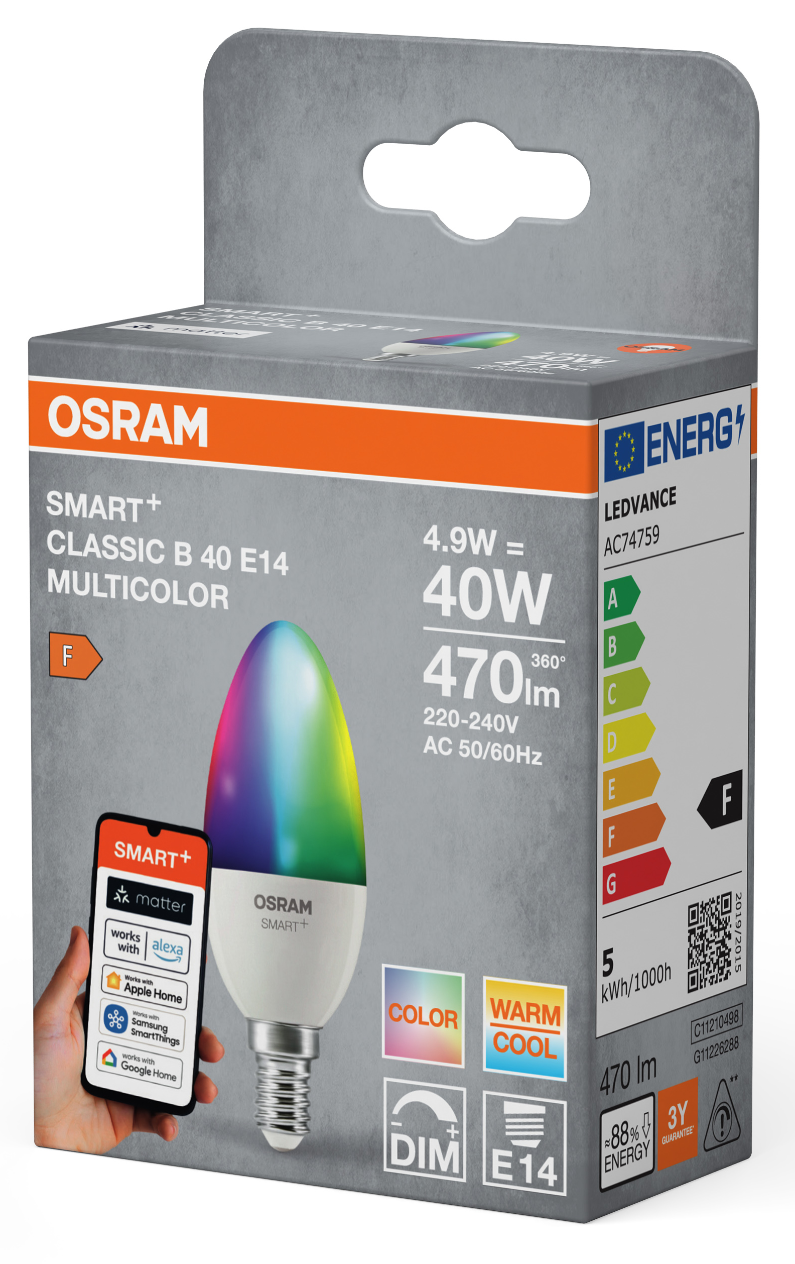 Osram Smart+ többszínű LED-izzó csomagolása, amelyen látható az izzó, a specifikációk és az okosotthon kompatibilitás.