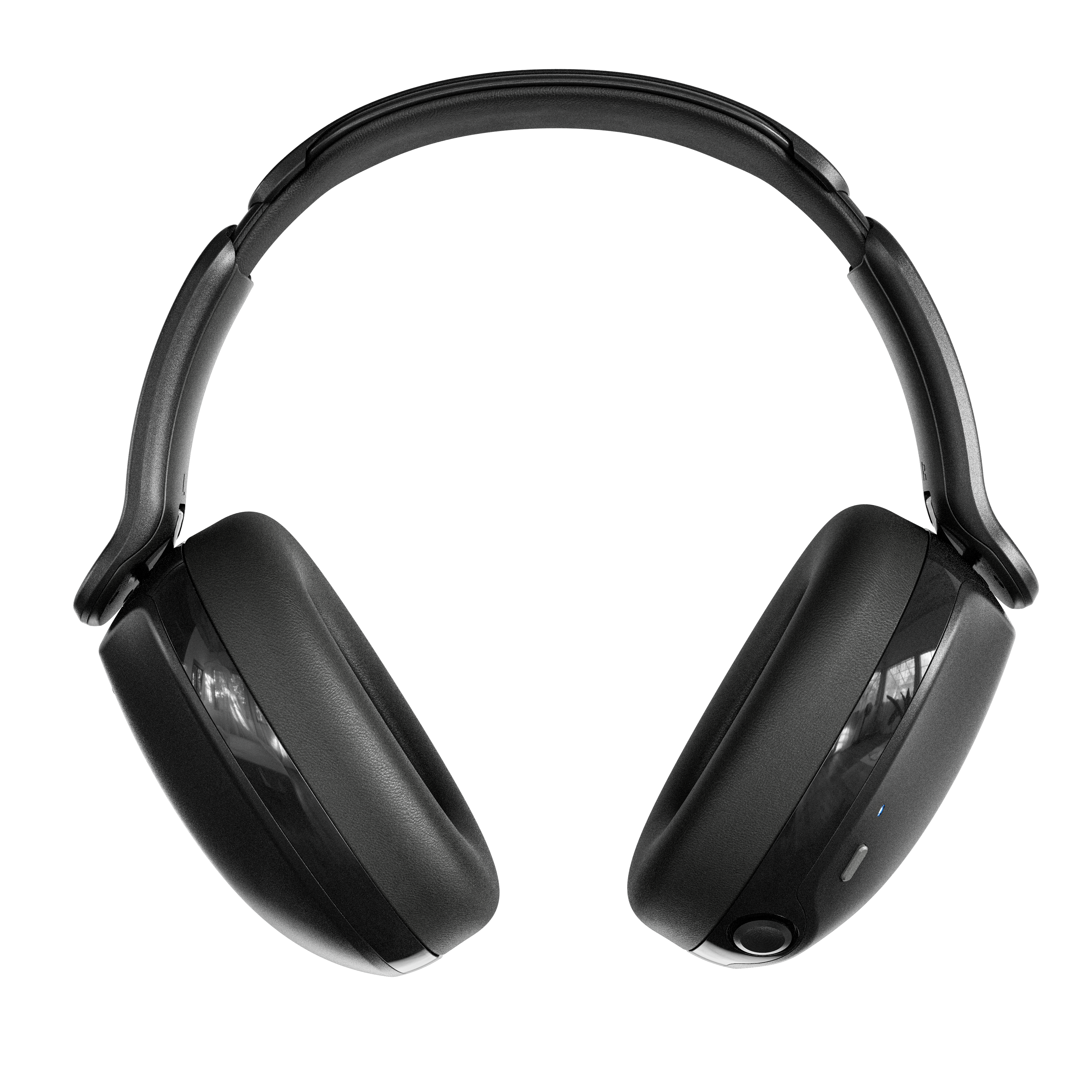 Schwarze Over-Ear-Kopfhörer mit gepolstertem Kopfbügel und Ohrmuscheln, auf weißem Hintergrund.