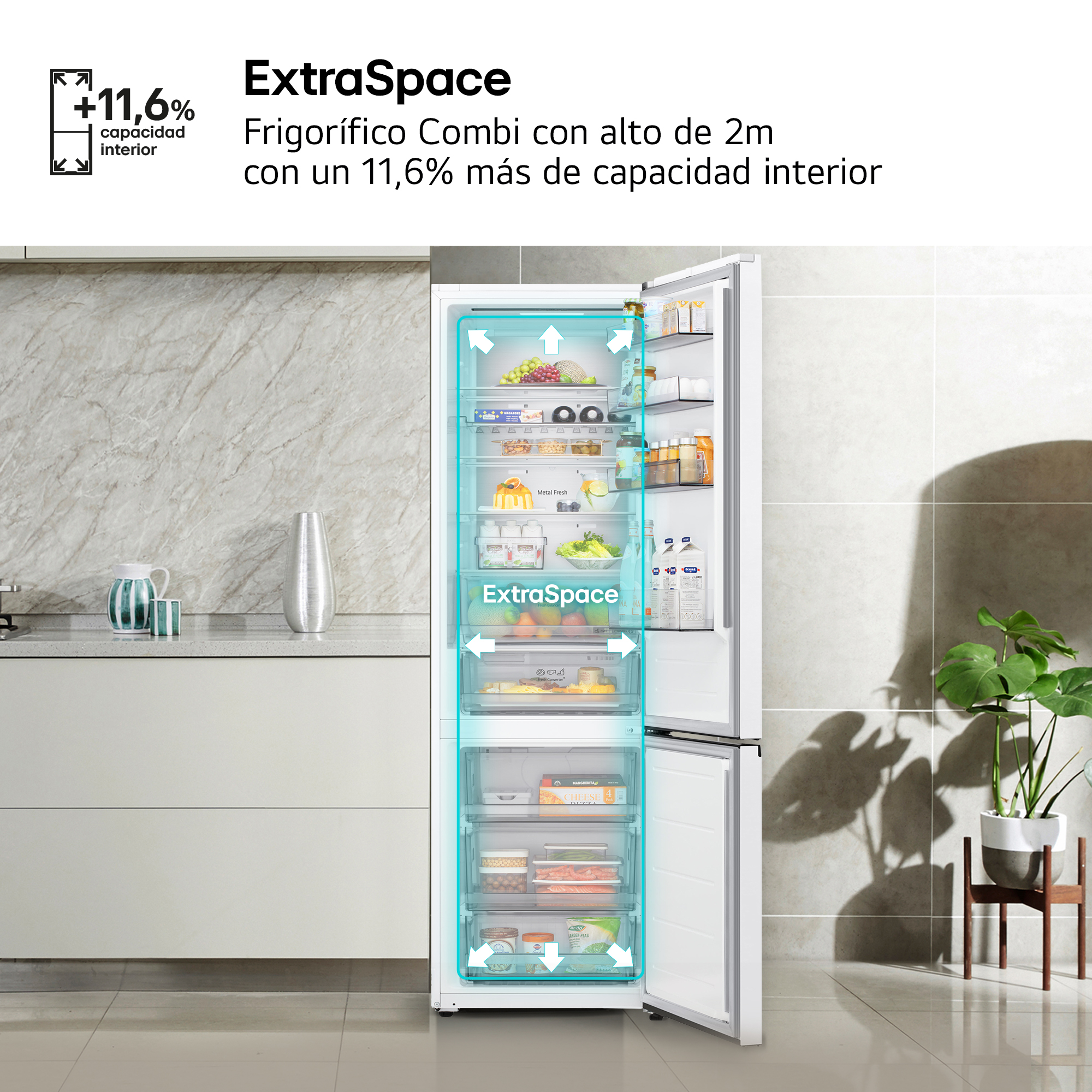 ExtraSpace Frigorífico Combi con alto de 2m con un 11,6% más de capacidad interior