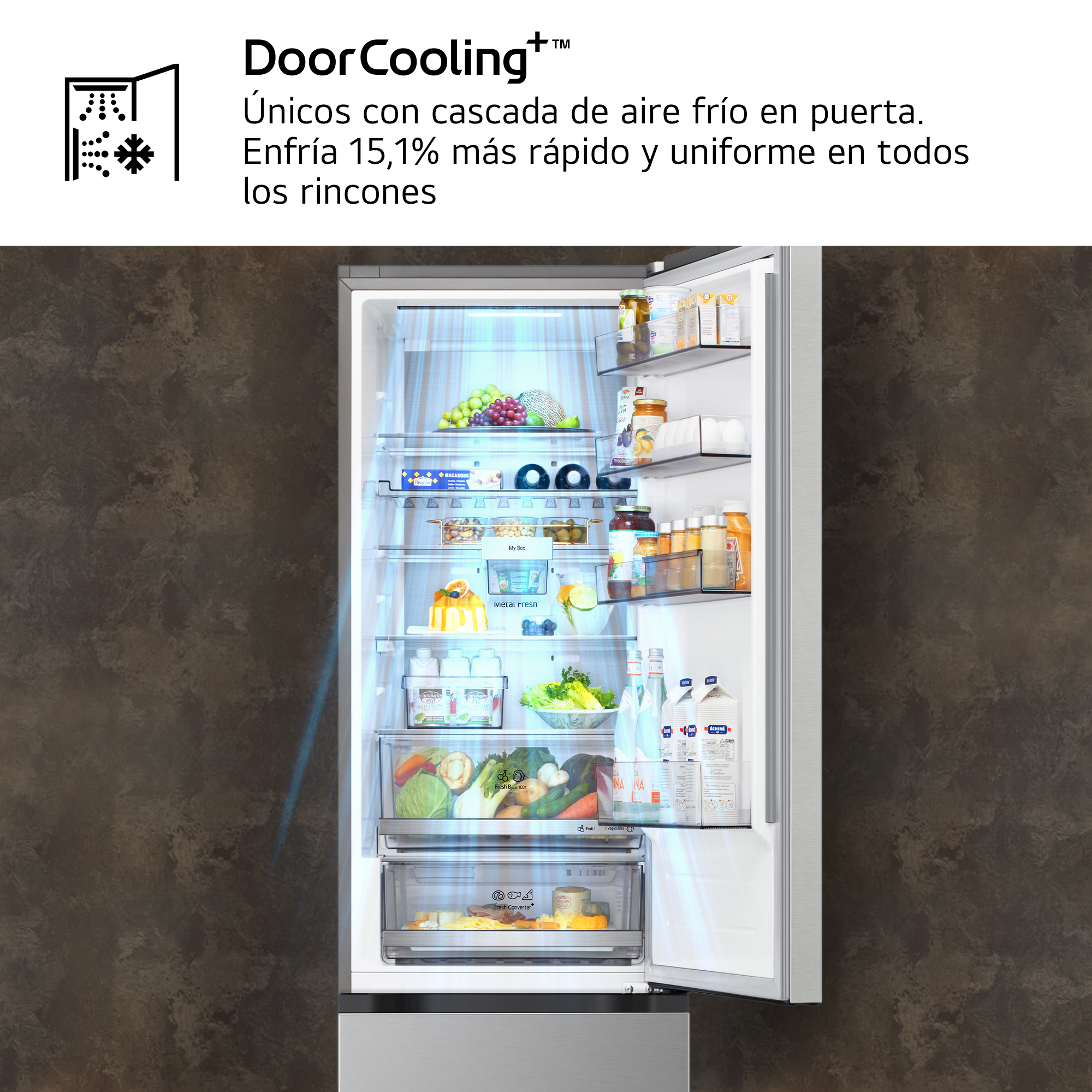 DoorCooling+™ Únicos con cascada de aire frío en puerta. Enfría 15,1% más rápido y uniforme en todos los rincones