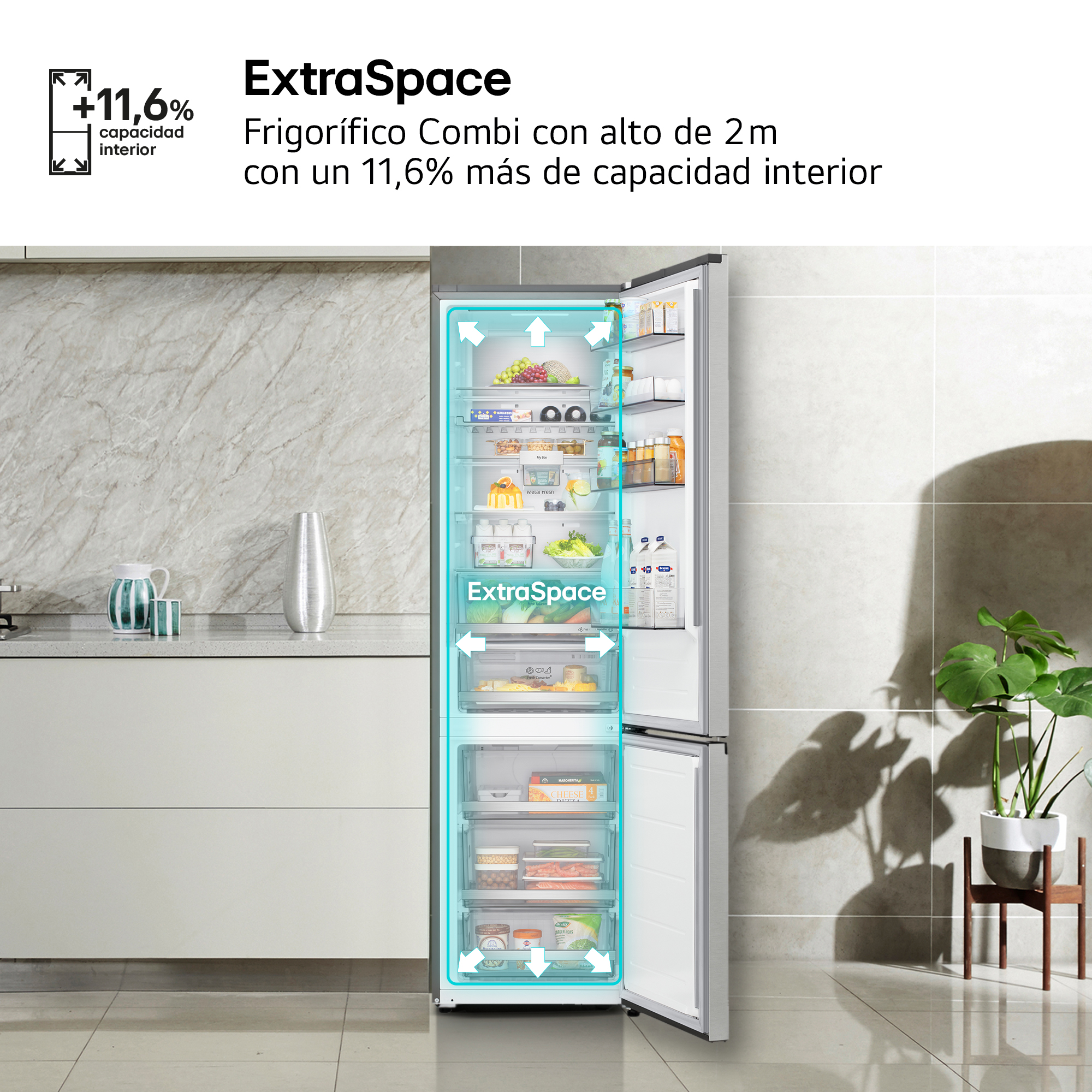 ExtraSpace Frigorífico Combi con alto de 2m con un 11,6% más de capacidad interior