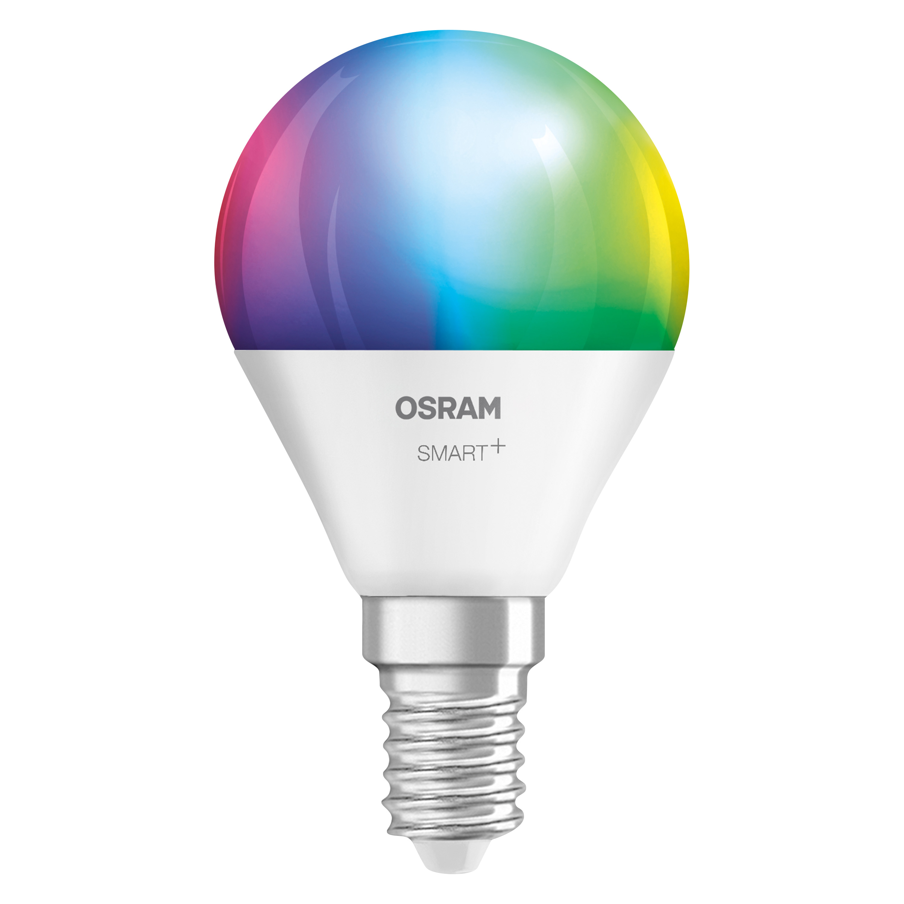 Egy Osram Smart+ izzó színes, világító fejjel és ezüst színű talppal.