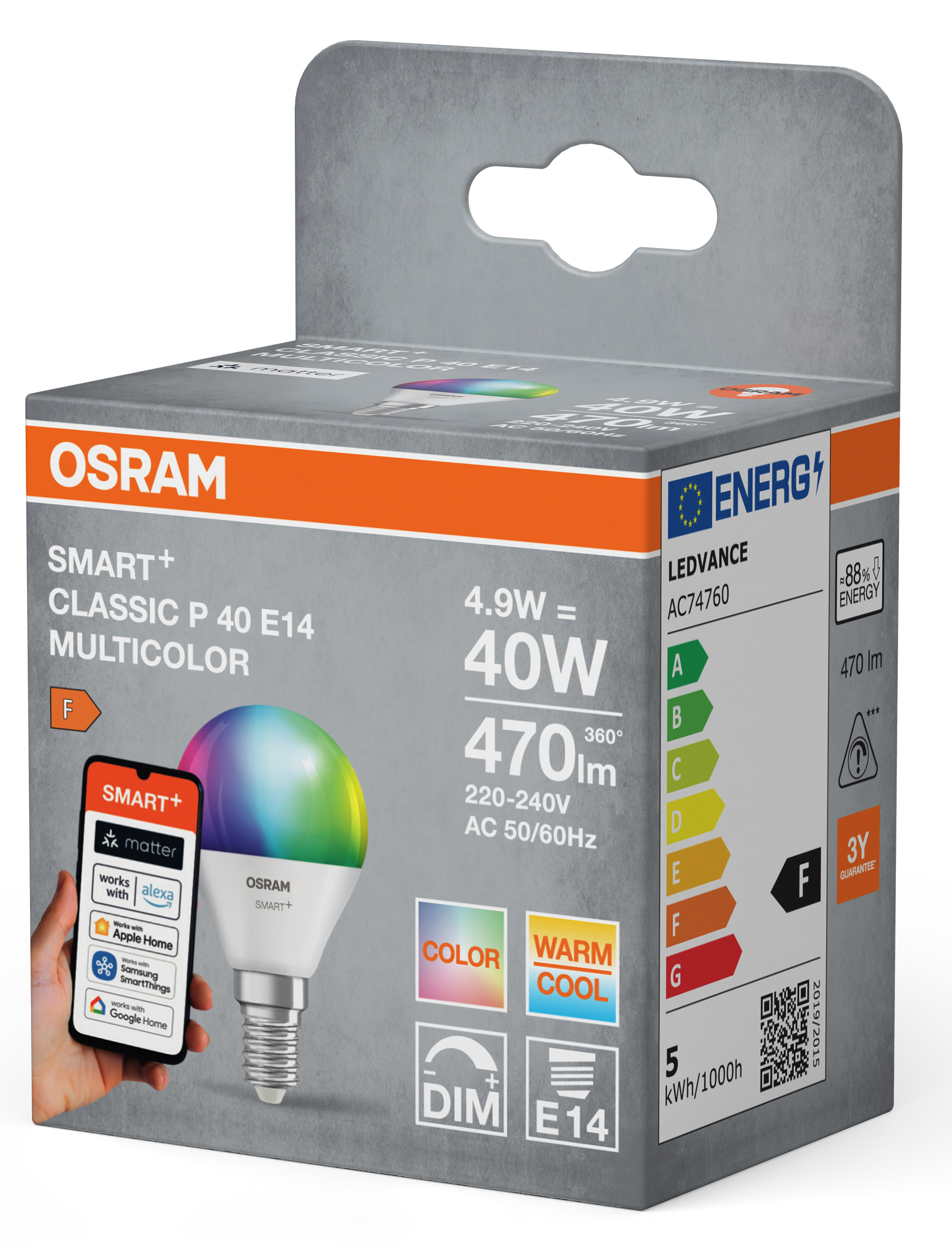 Osram Smart+ többszínű LED-izzó csomagolása izzóval, telefonos alkalmazással és energiaosztályzatával.