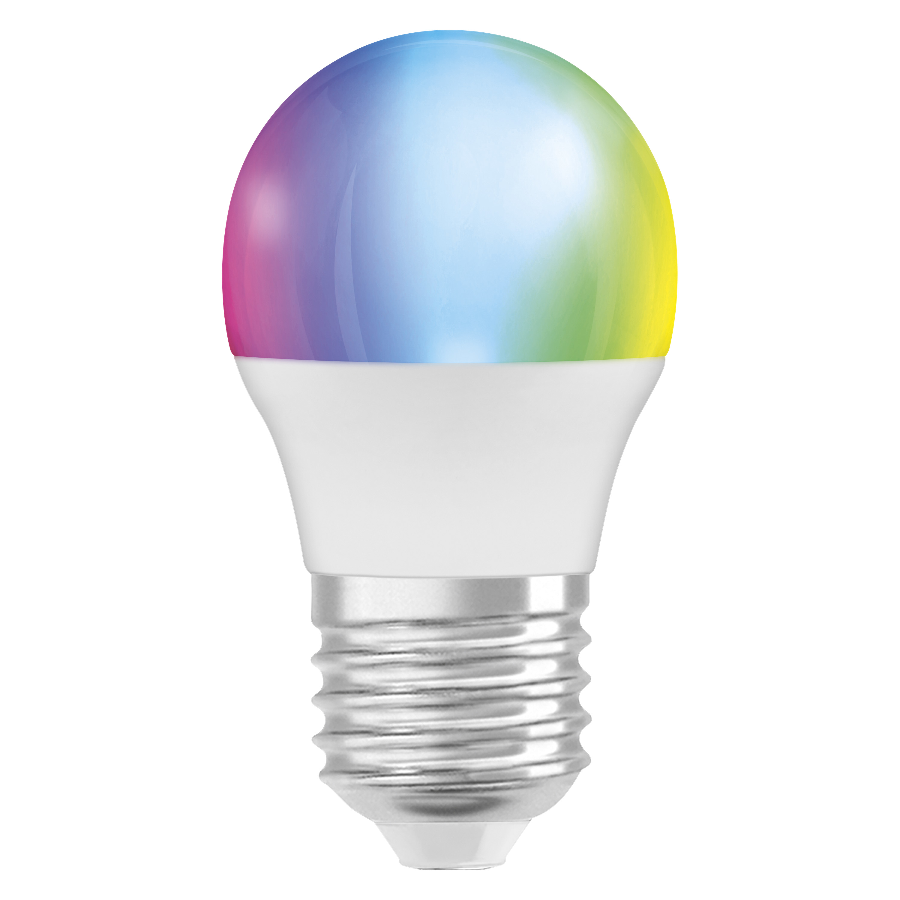 Egy LED-izzó lila és sárga színátmenettel, fehér alapon.