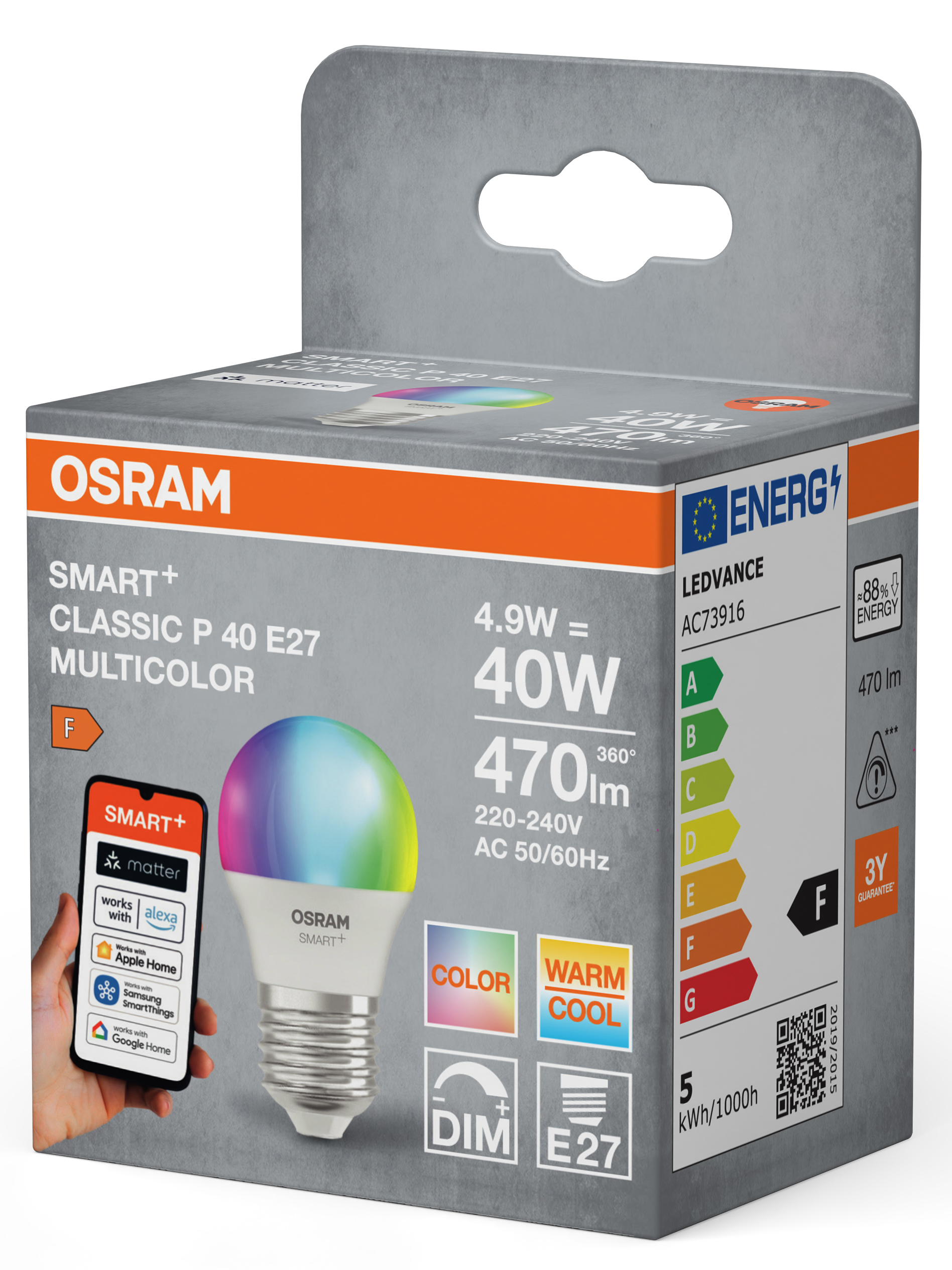 OSRAM SMART+ többszínű LED izzó csomagolása izzóképpel, energiacímkével és applikáció kompatibilitási ikonokkal.