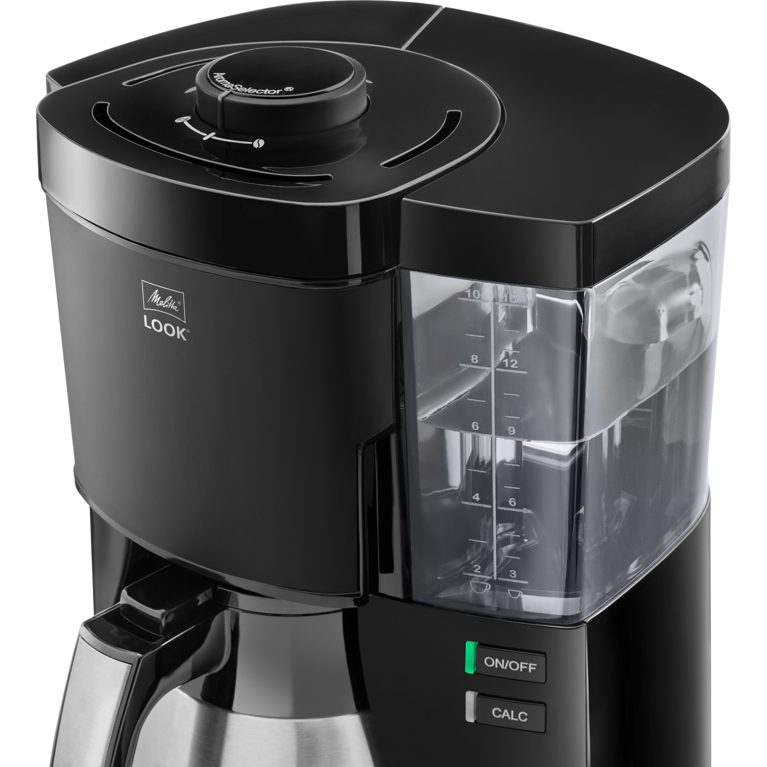 Cafetière noire Melitta LOOK avec indicateur de niveau d'eau et sélecteur d'arôme.