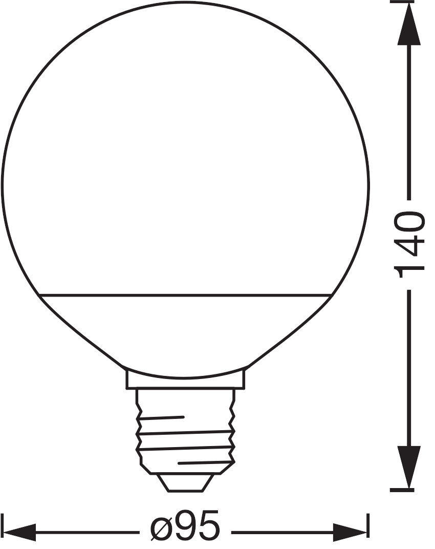 Gömb izzó rajza, 140mm magassággal, 95mm átmérővel.