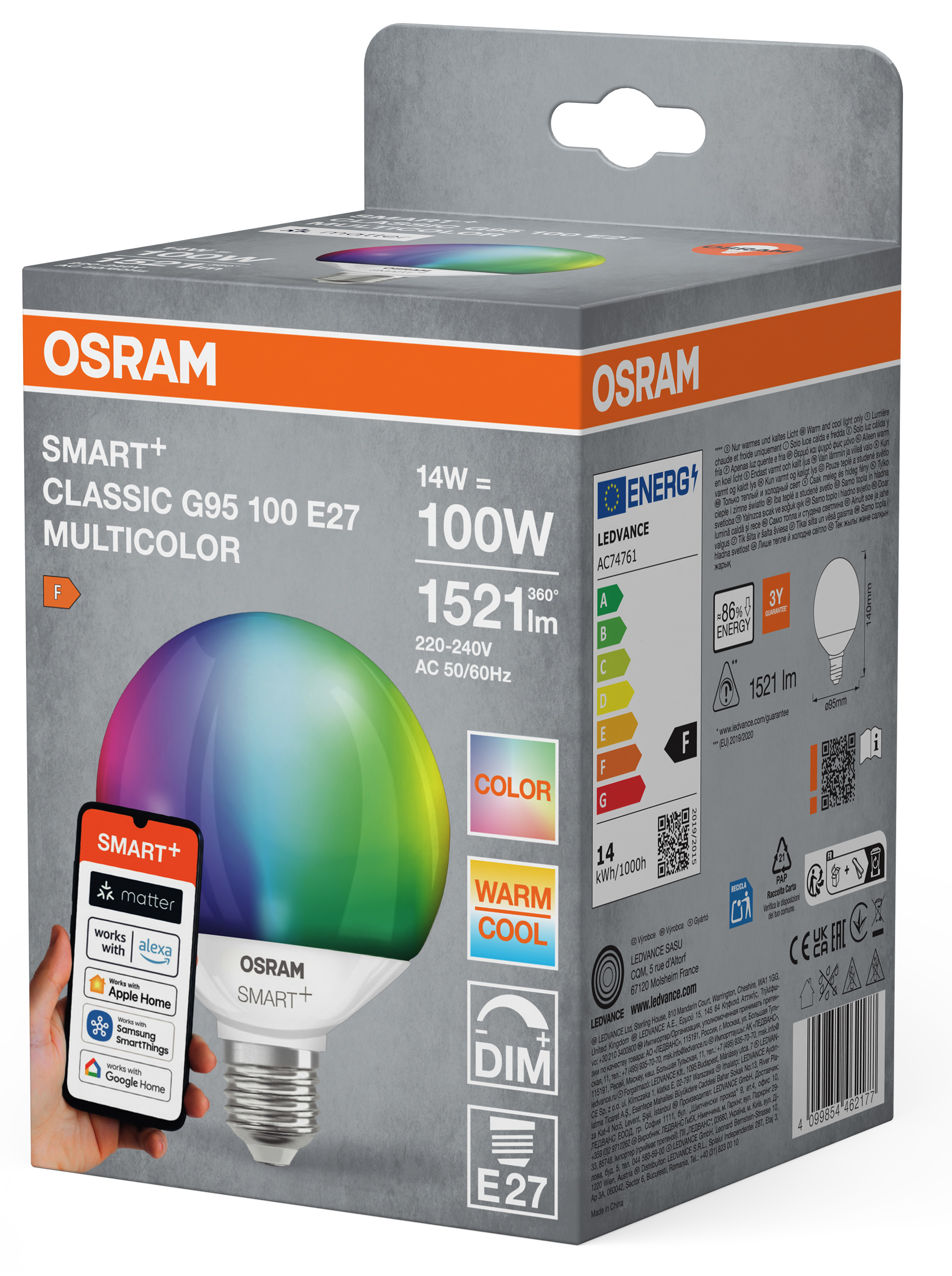 Osram Smart+ Classic G95 izzó, 14W=100W, multicolor, szabályozható, E27.