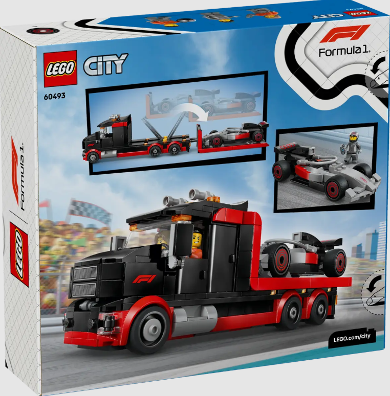 LEGO City Formel-1-Rennwagen-Transporter mit einem Auto auf seinem Anhänger.