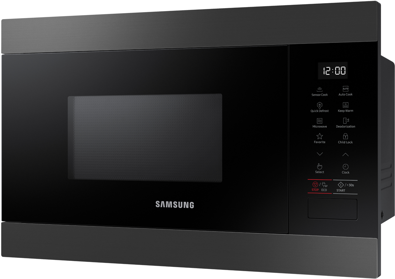 A black Samsung microwave with a digital display showing 12:00.