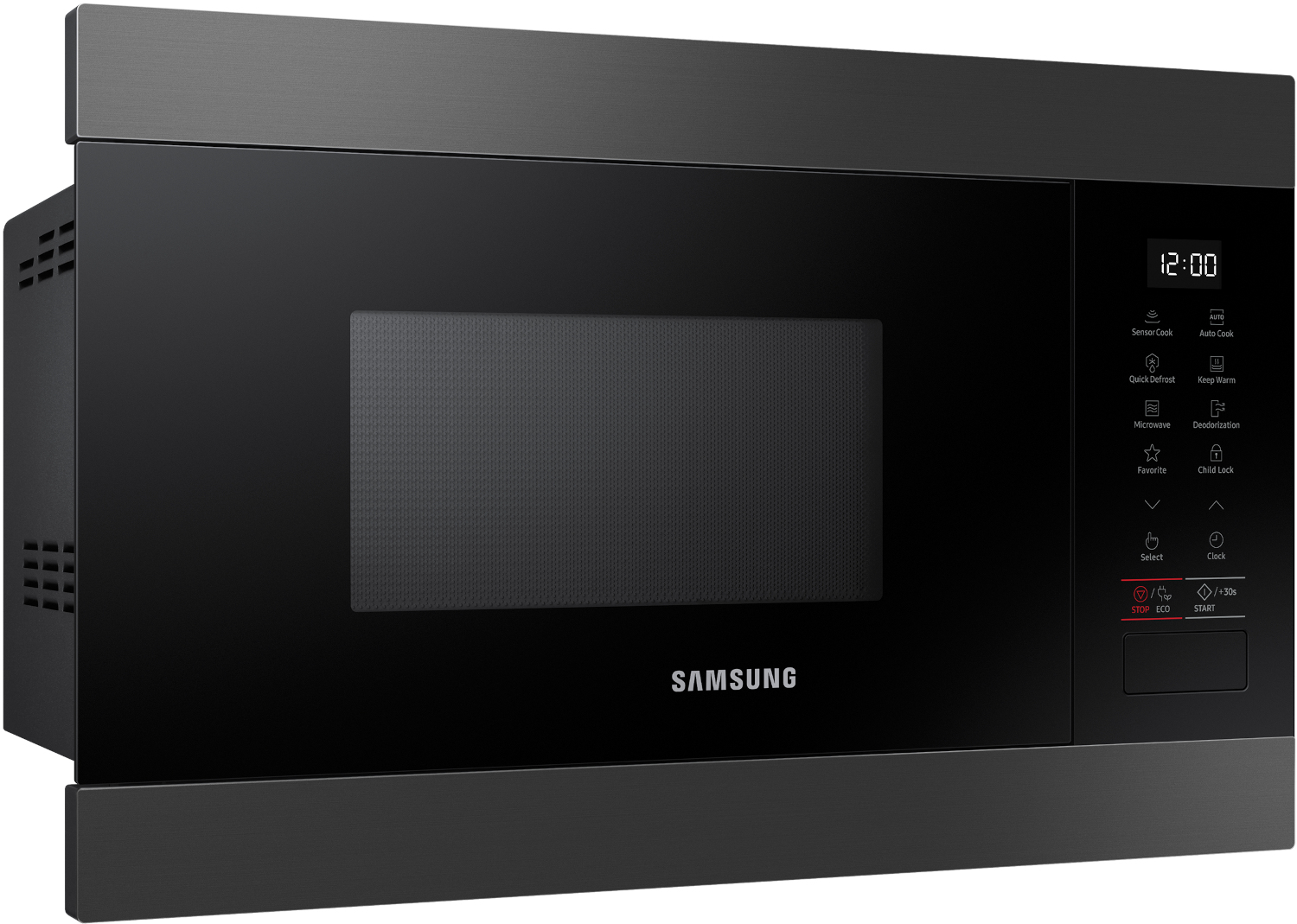 A black Samsung microwave with a digital display showing 12:00 and various function buttons.