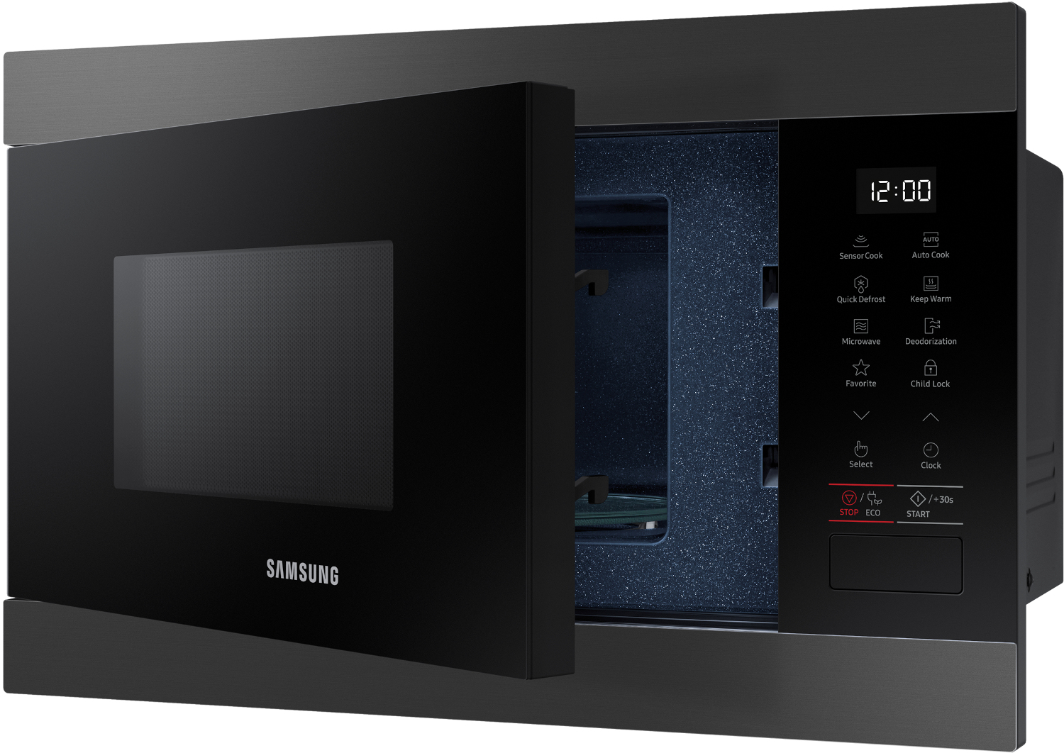 A black Samsung microwave with its door open, showing control panel and interior.