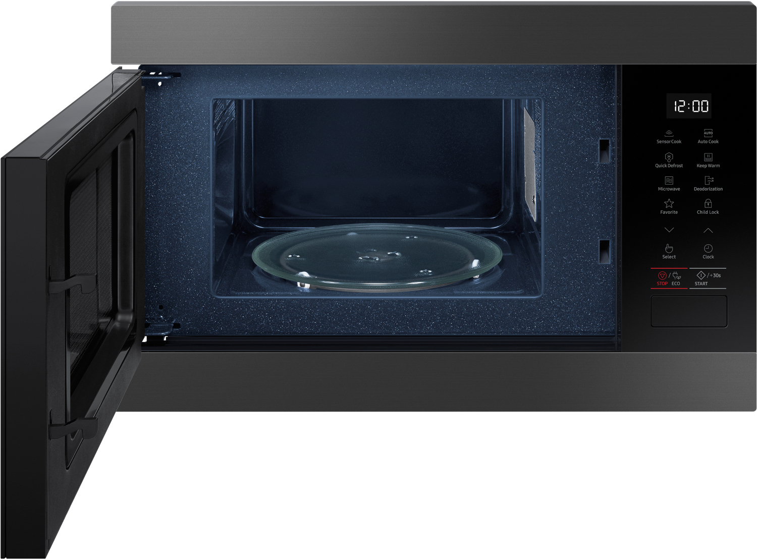 An open black microwave with a glass turntable and digital display showing 12:00.