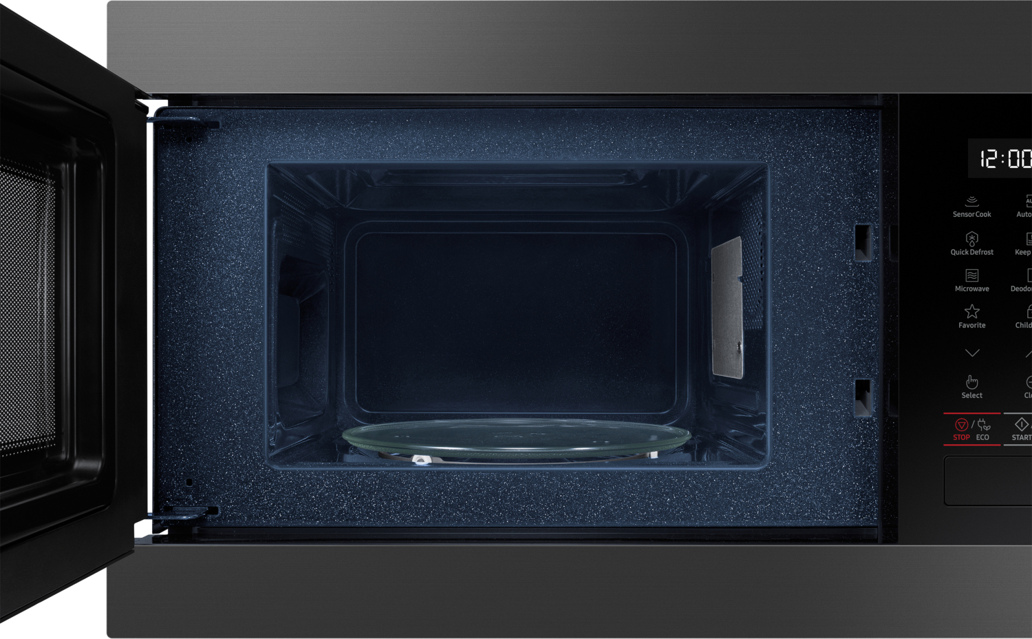 Open microwave with glass turntable and digital control panel showing 12:00.