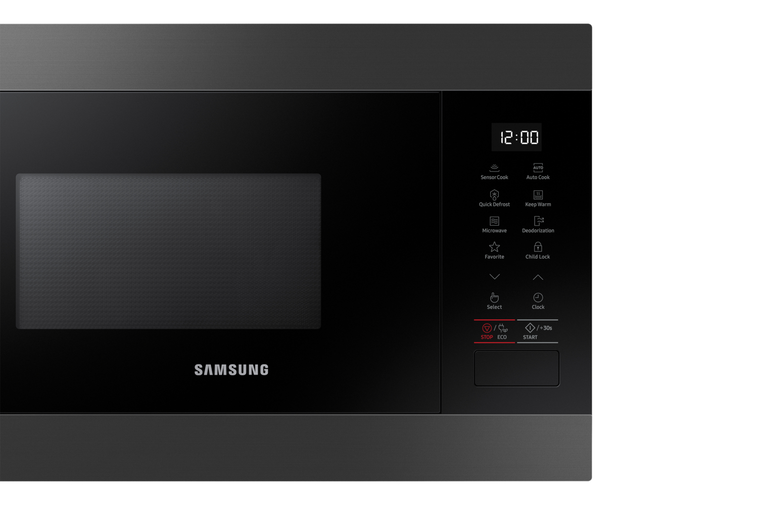 Black Samsung microwave with digital display showing 12:00 and control panel.
