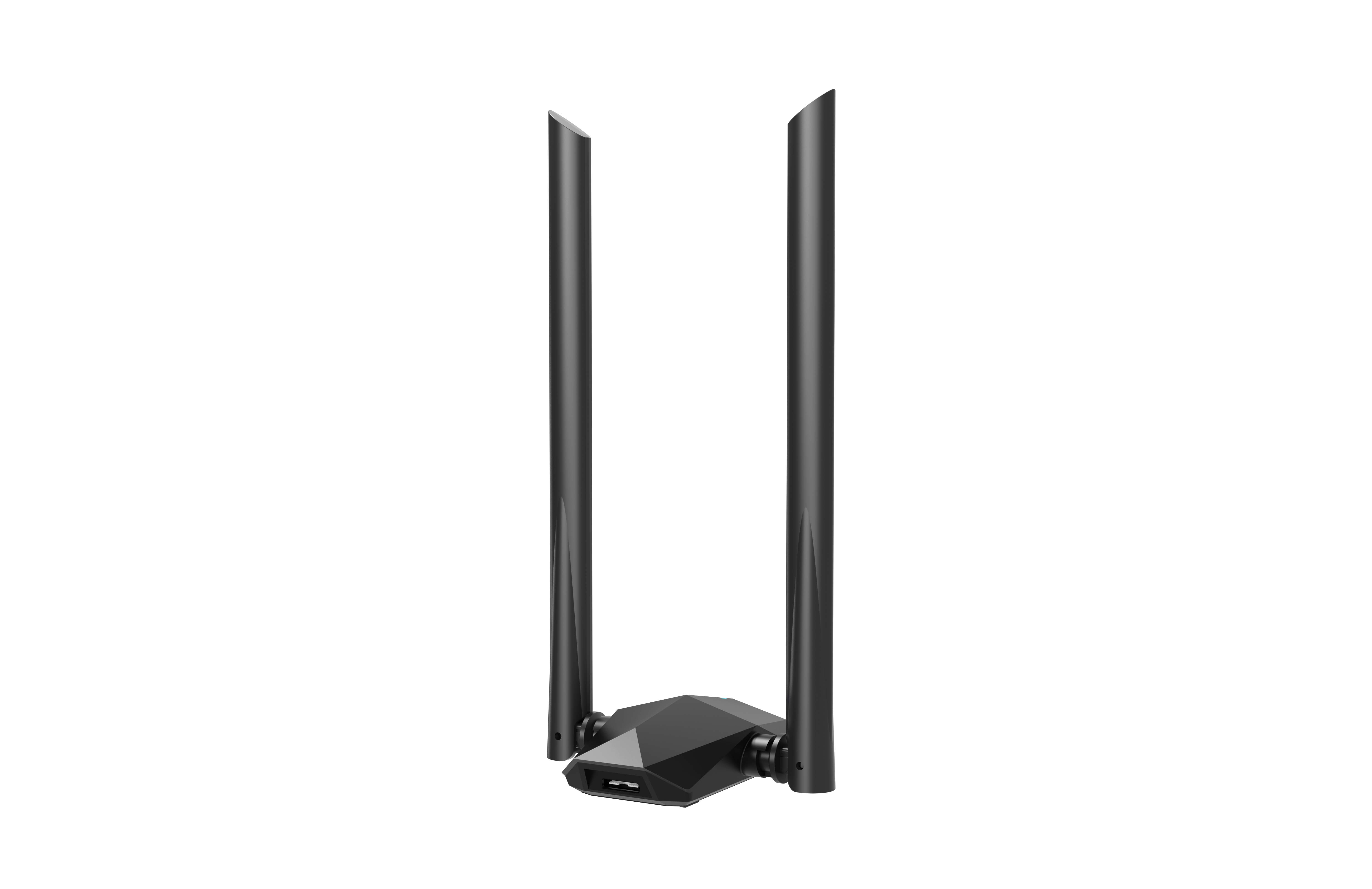 İki antenli siyah Wi-Fi adaptörü beyaz arka plana dik duruyor.