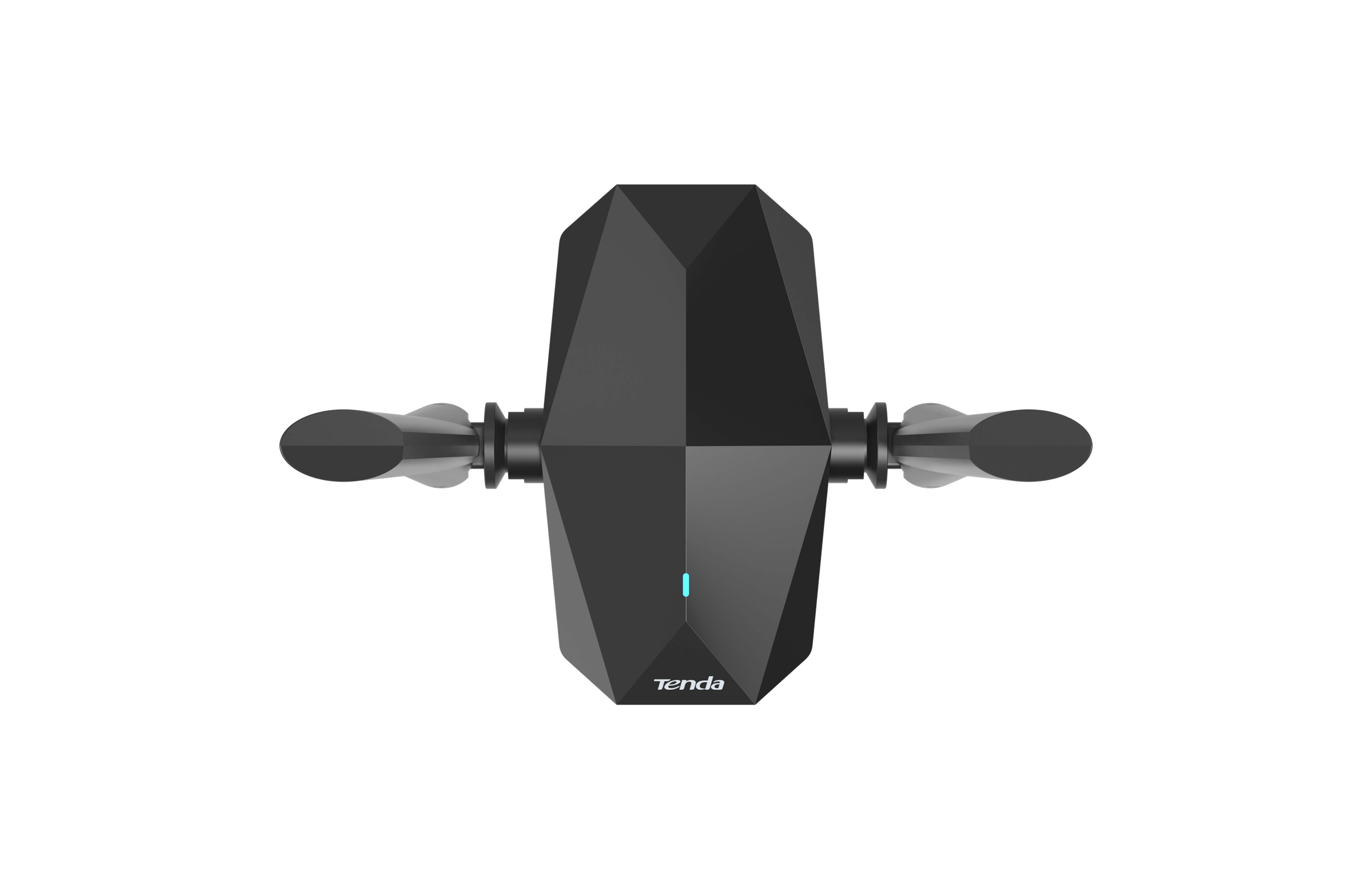 İki antenli siyah bir Tenda router, beyaz arka plan.
