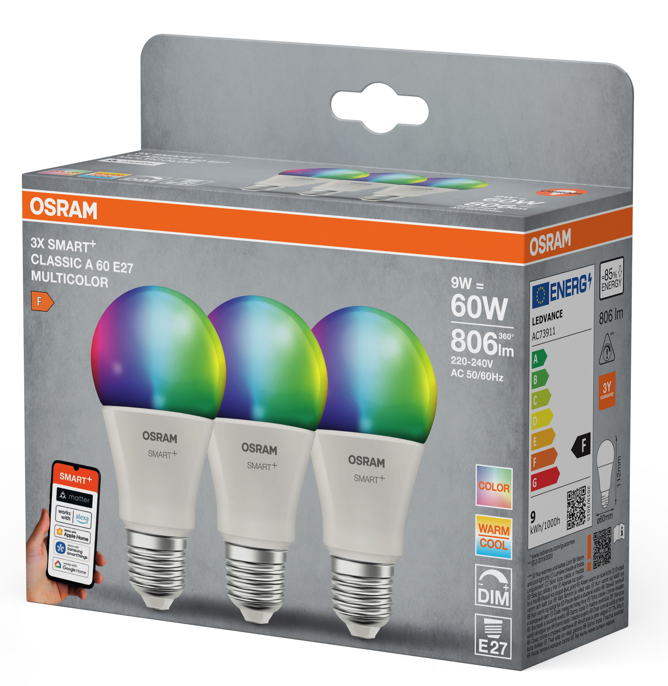 OSRAM Smart+ multicolor A60 E27 izzók csomagolása 3 izzóval, energia címkével és telefonnal.