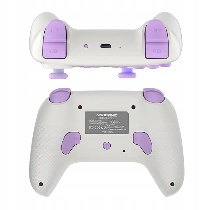 Biały i fioletowy kontroler do gier, widok z przodu i z tyłu. Etykiety LT, LB, RT, RB, M1, M2.
