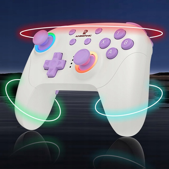 Biały kontroler z fioletowymi przyciskami i światłami unosi się nad wodą.