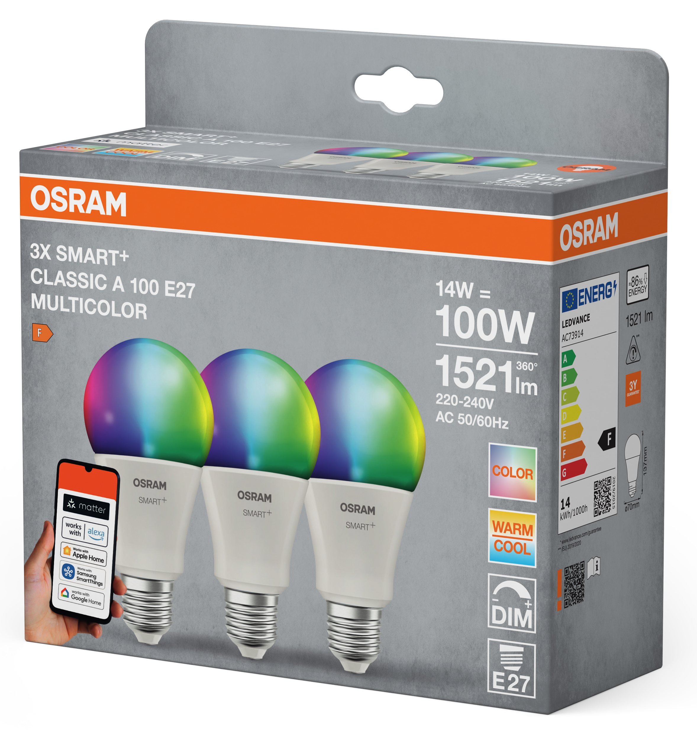 Osram Smart+ izzók csomagolása három többszínű E27 izzót és telefonos applikáció kompatibilitást mutat.