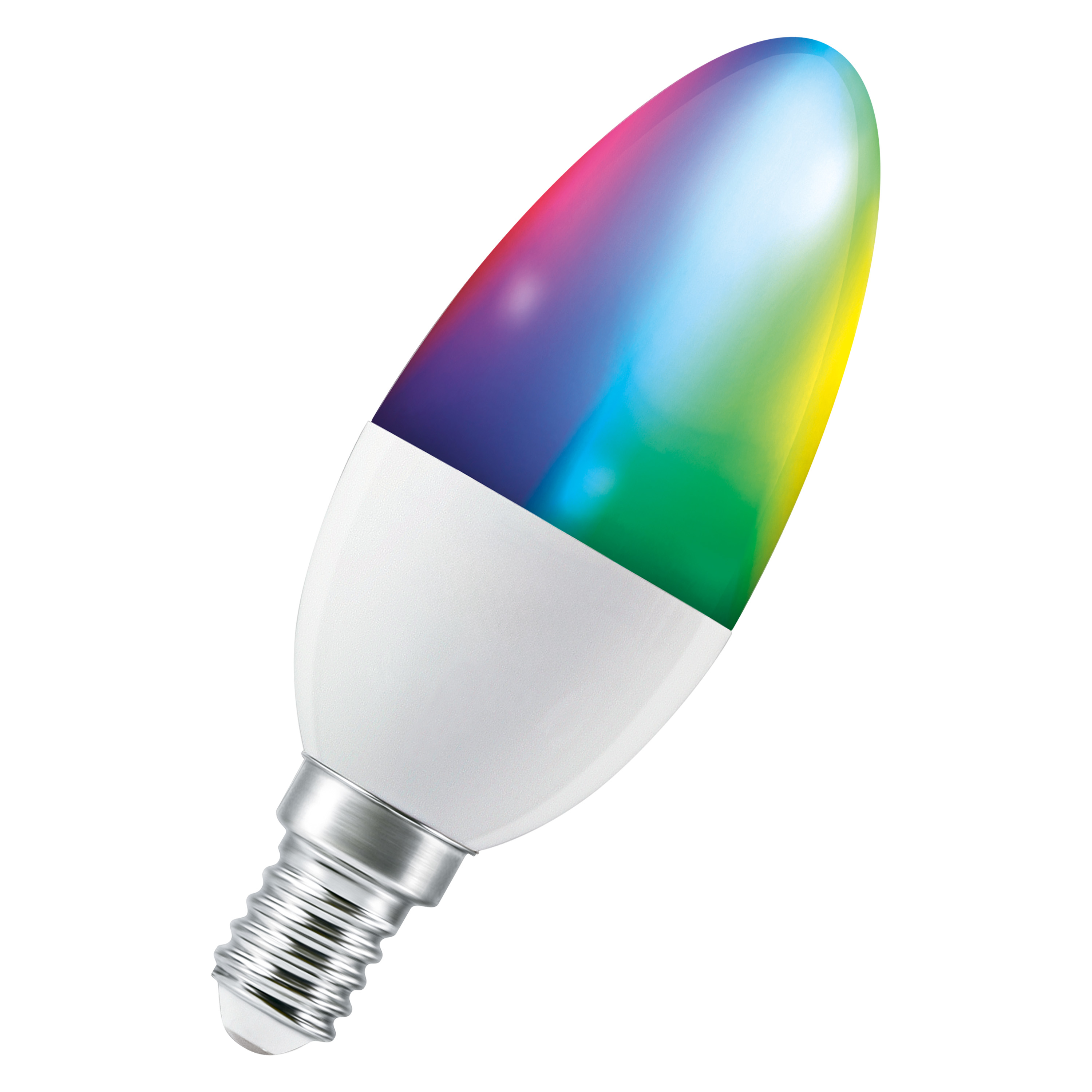 Színes LED-gyertyaégő ezüst foglalattal fehér háttéren.