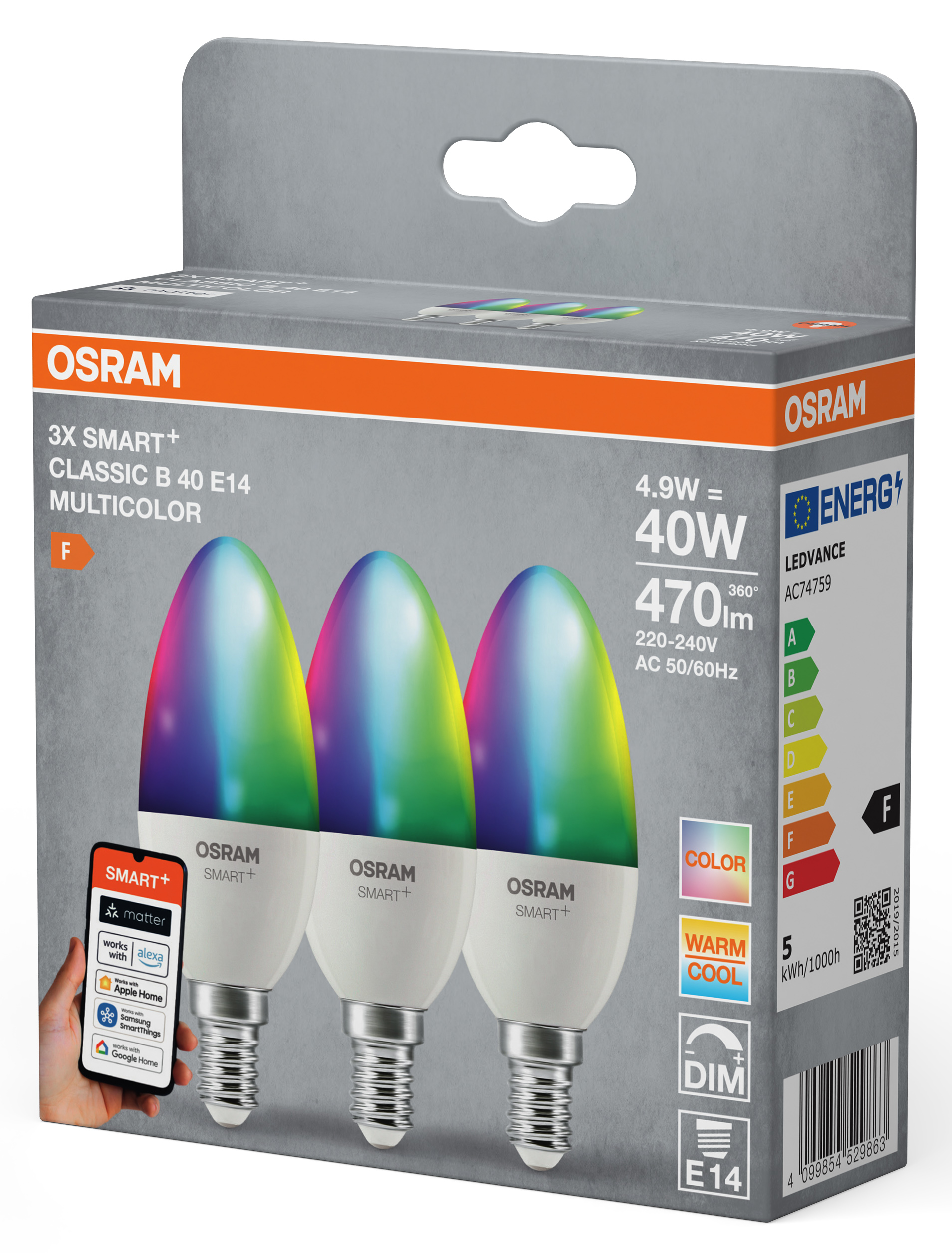 3 Osram Smart+ többszínű LED-izzó doboza, E14 foglalat, F energiaosztály látható.