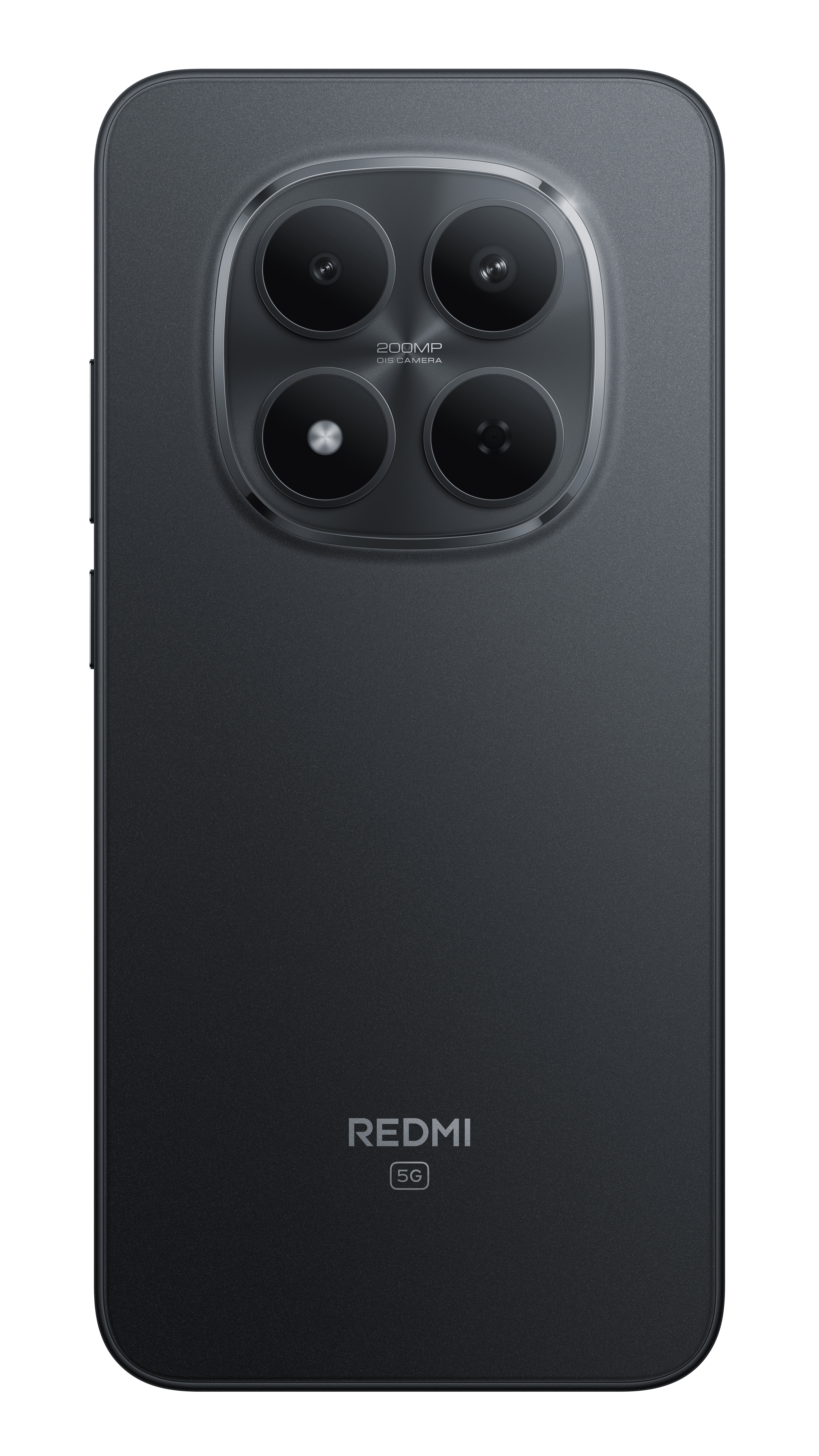 Dört kameralı koyu renkli akıllı telefonun arkası ve Redmi 5G logosu.