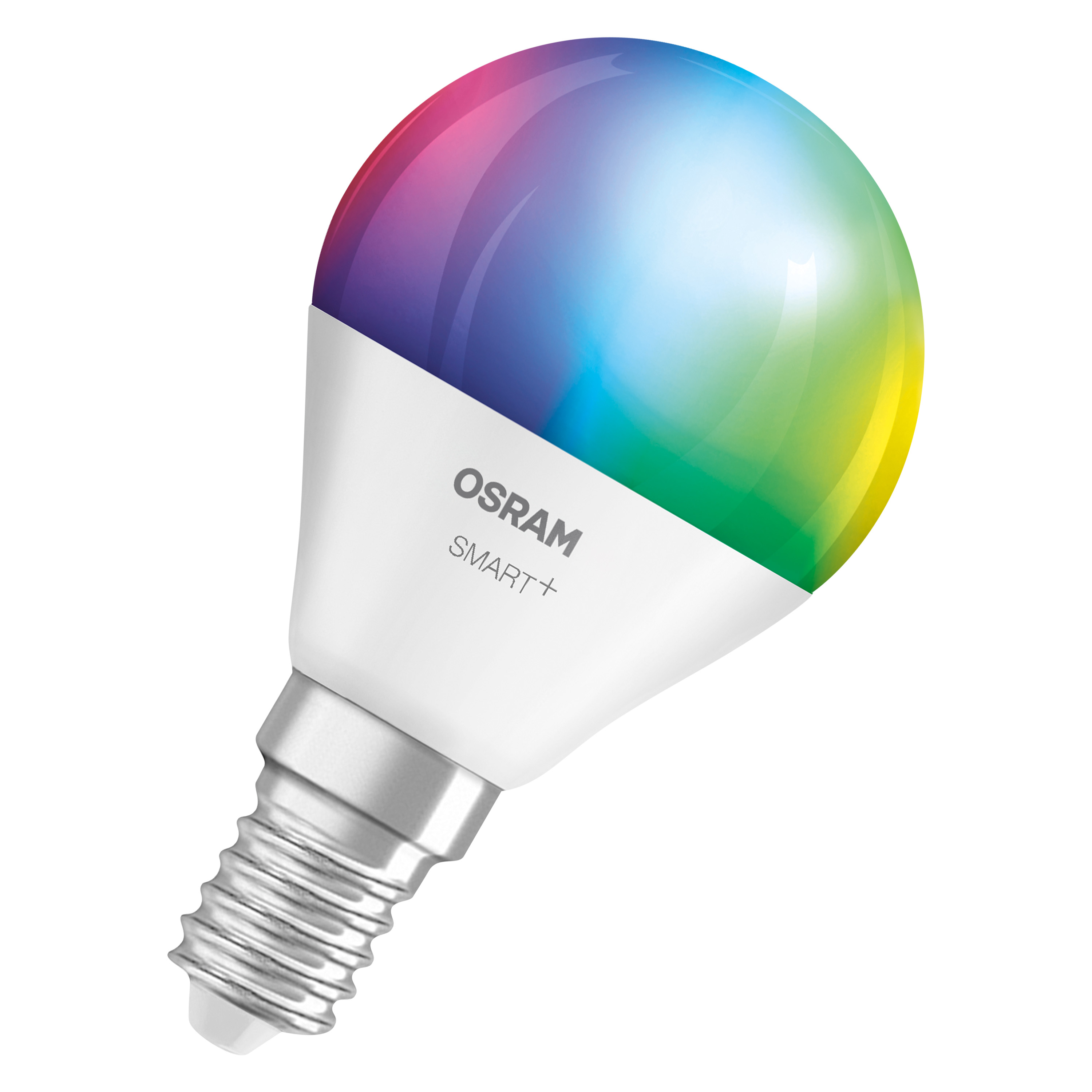 OSRAM SMART+ villanykörte fehér talppal és színspektrumot mutató üveg búrával.