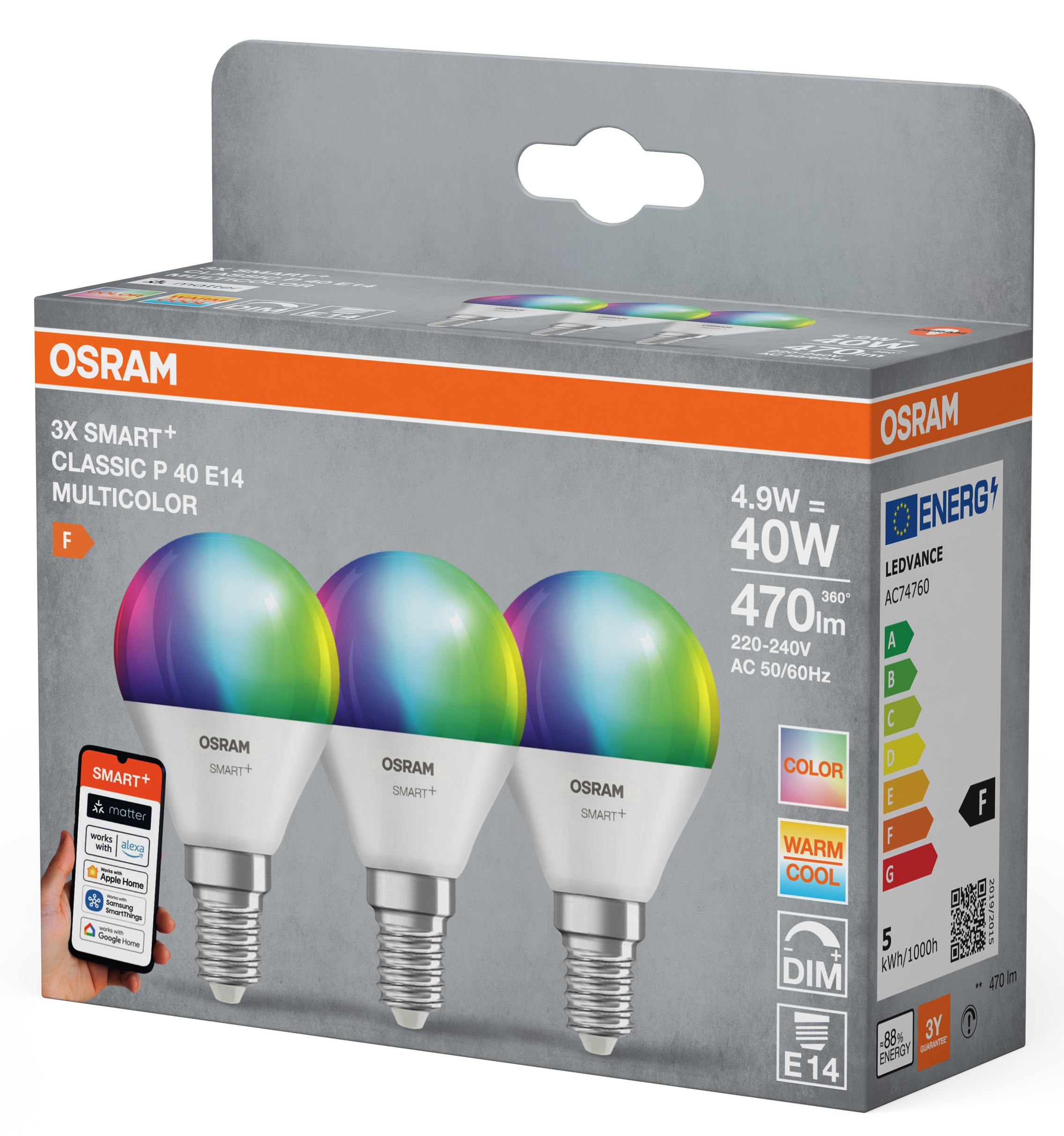 Doboz három OSRAM SMART+ LED izzóval, multicolor, E14 foglalattal.