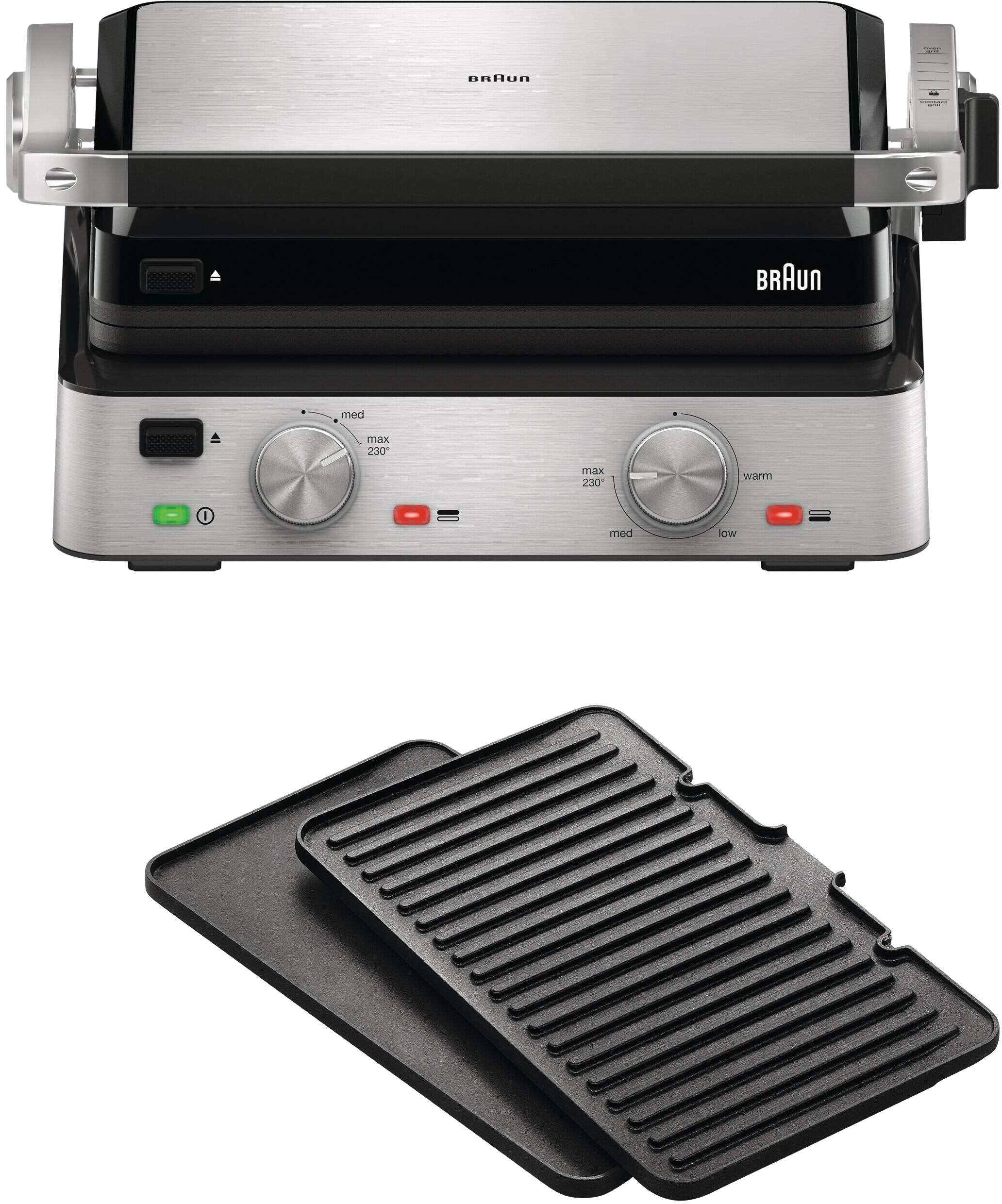 Ein Edelstahlgrill von Braun mit zwei Grillplatten. Die obere Platte ist geschlossen.