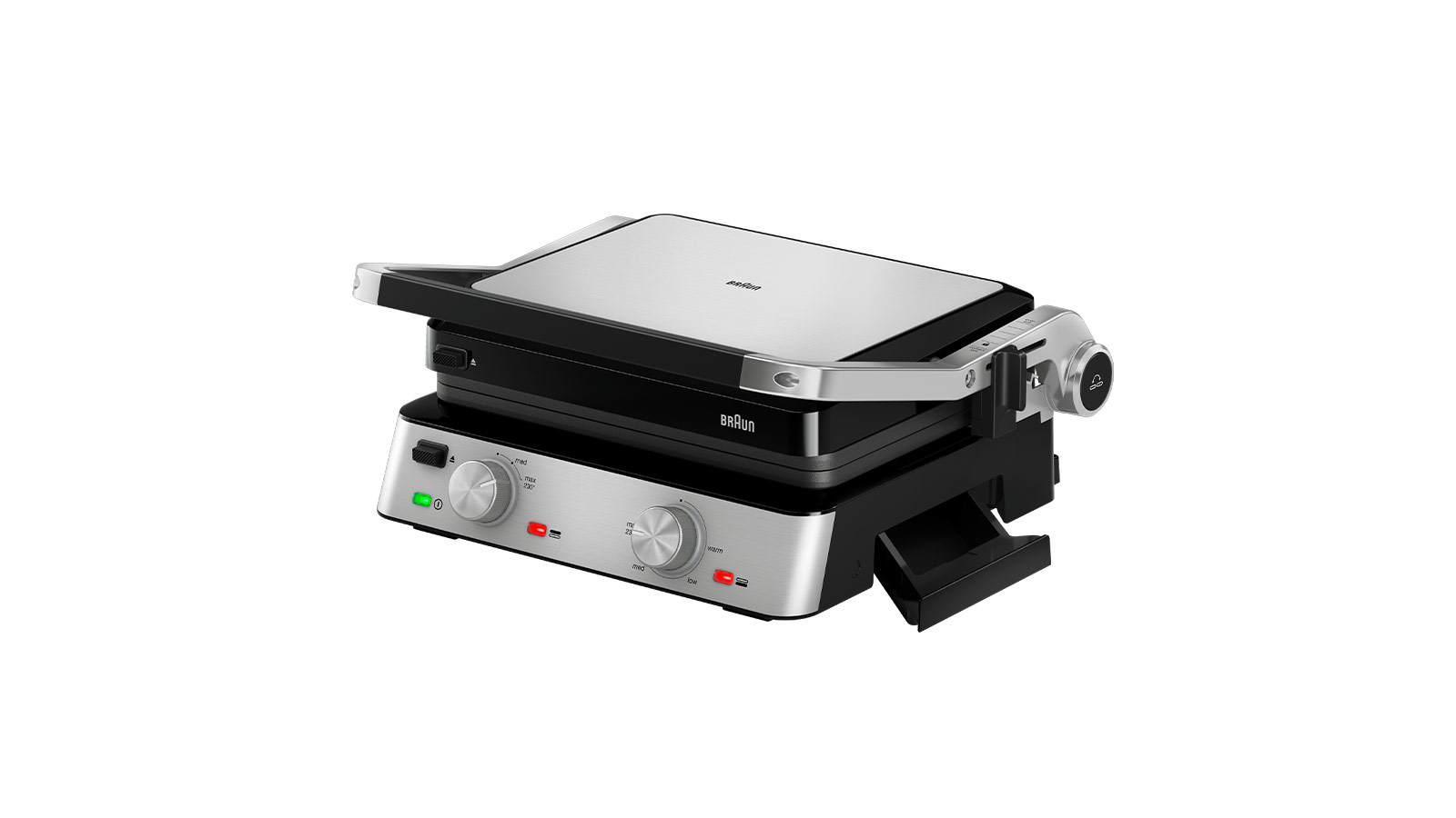 Ein silberner und schwarzer Kontaktgrill mit Bedienelementen und einem Griff.