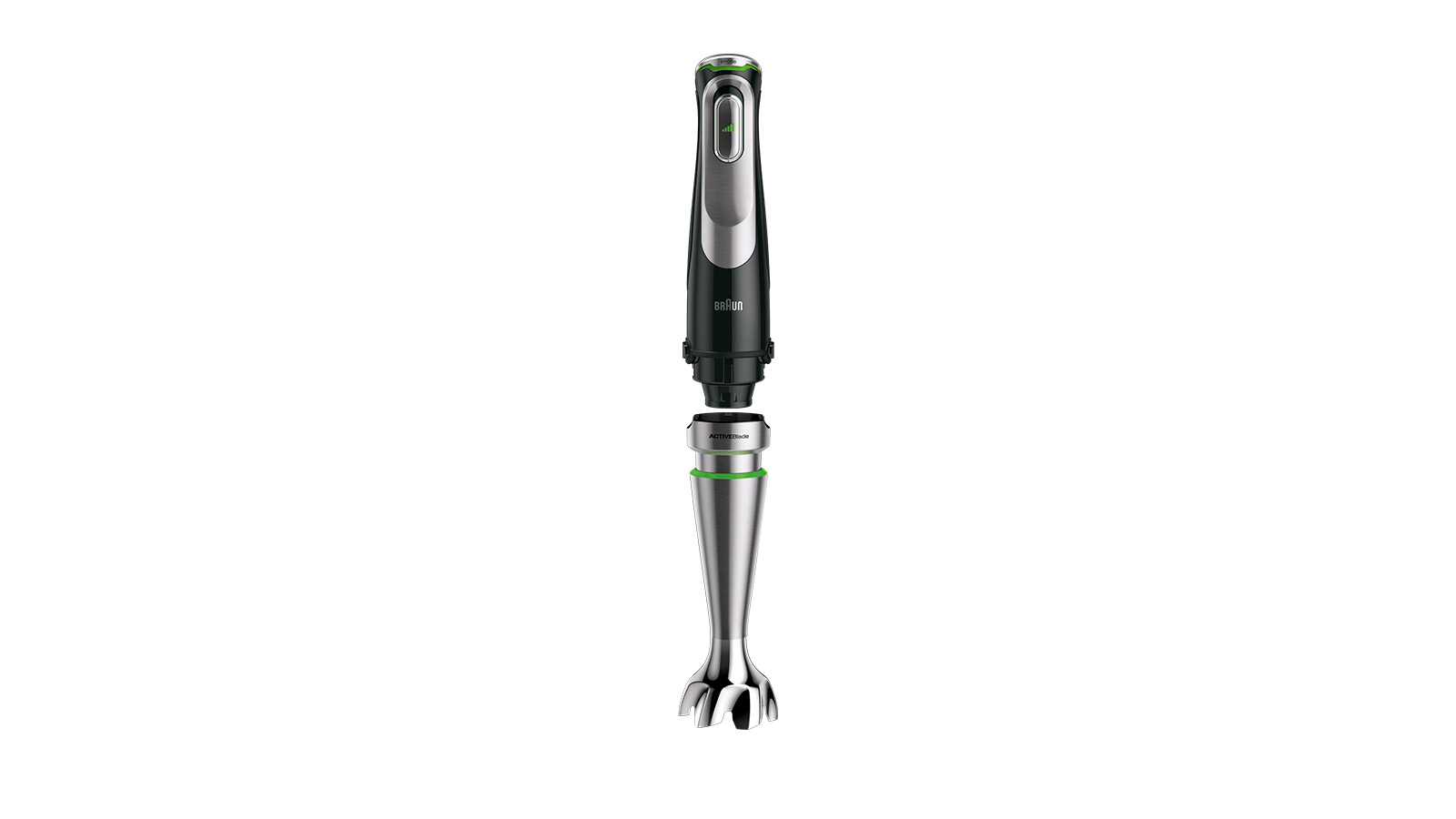 Ein schwarzer Braun Handmixer mit silbernem Aufsatz, getrennt dargestellt.