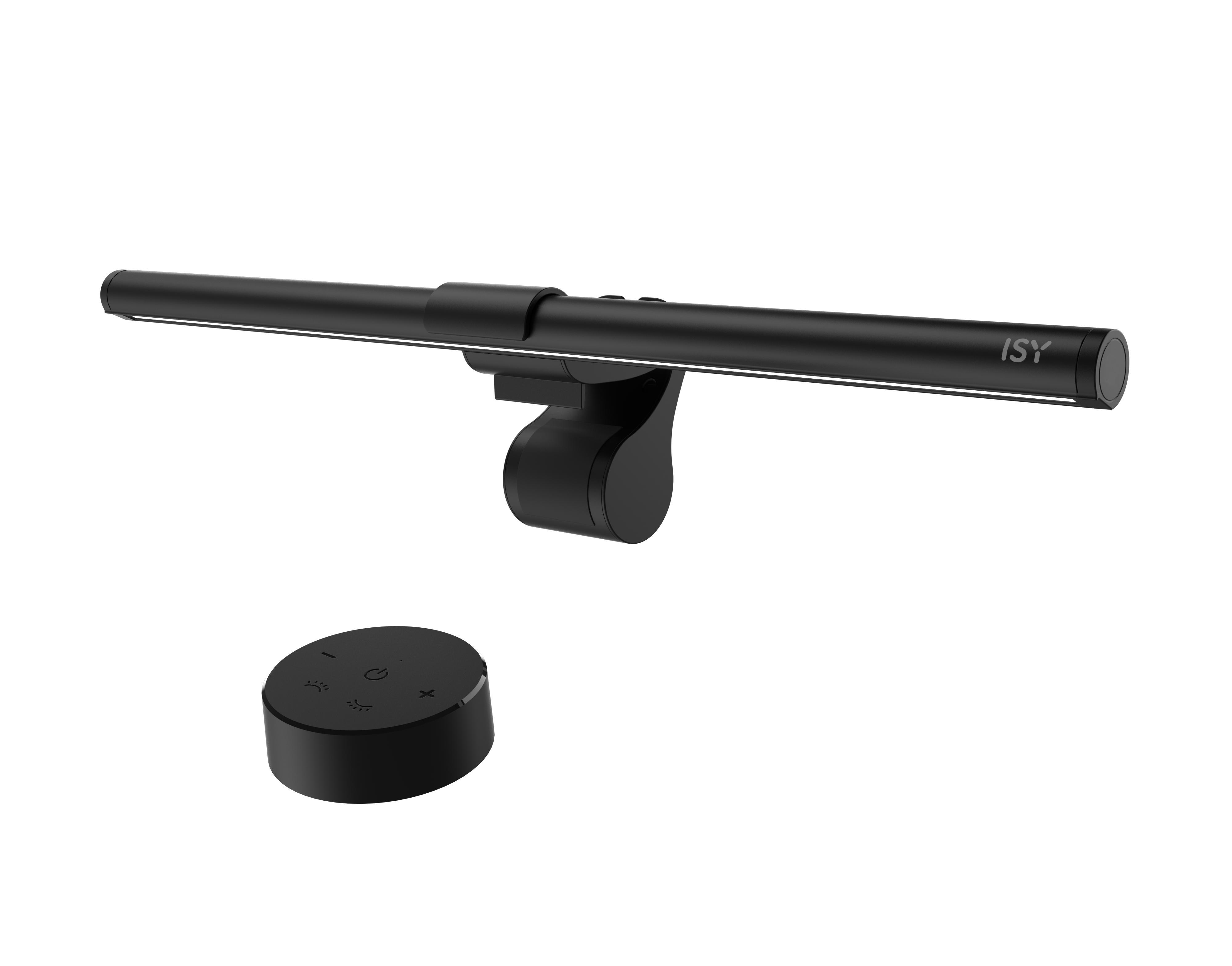 Eine schwarze ISY Monitorlampe mit separater runder Fernbedienung mit Symbolen.
