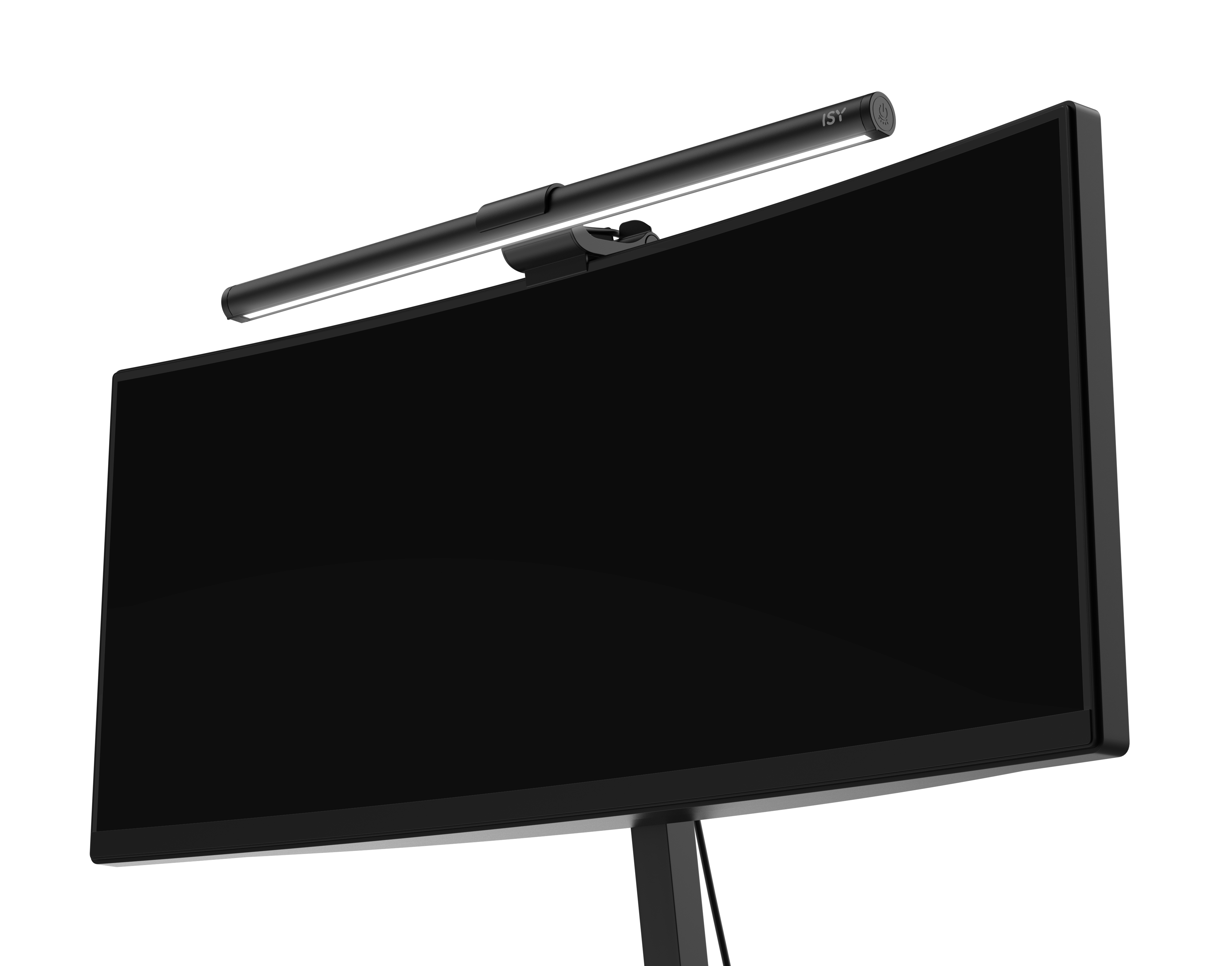 Eine schwarze LED-Monitorlampe mit weißem Licht wird oben an einem schwarzen Monitor befestigt.