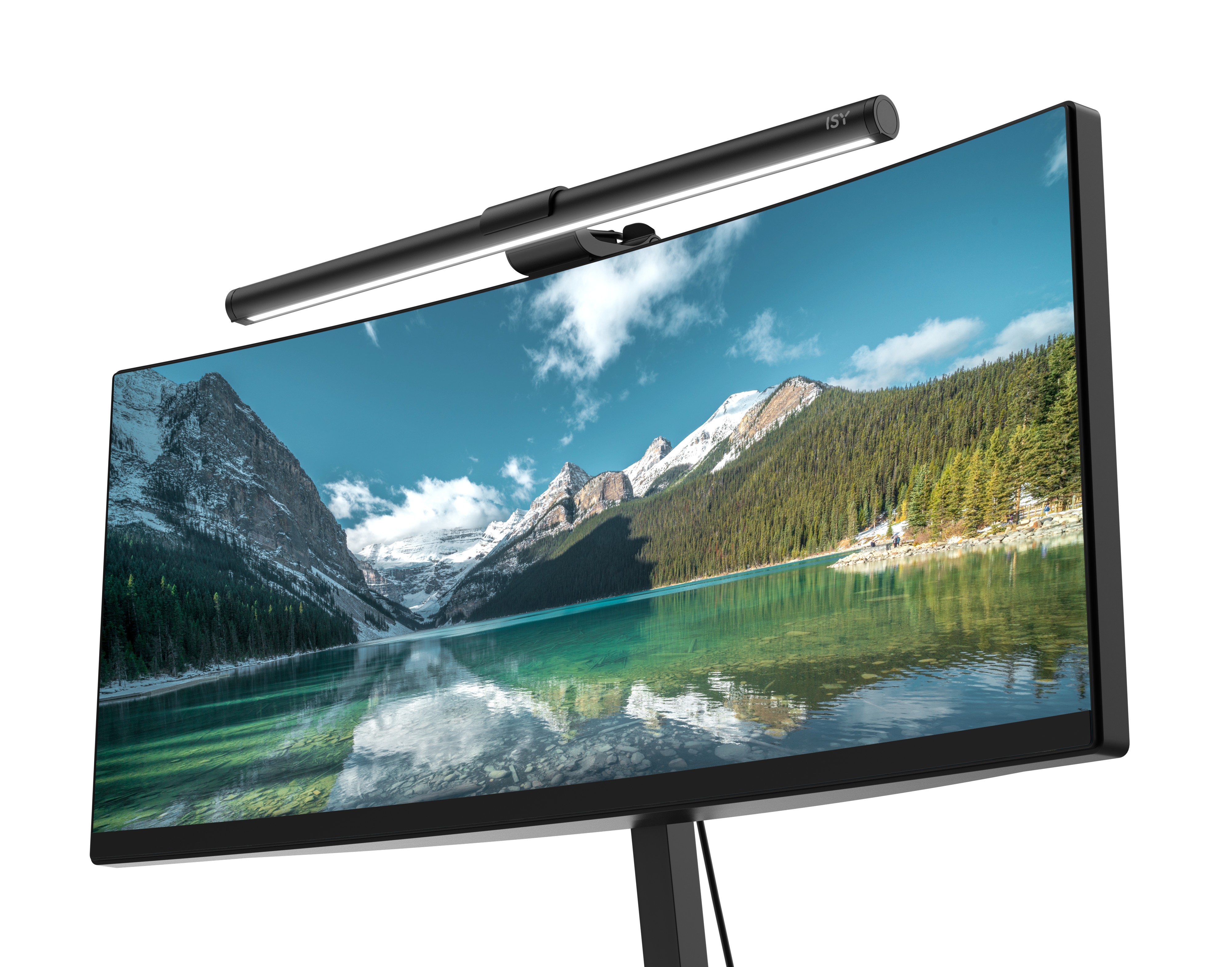 Ein gebogener Monitor zeigt eine Berglandschaft mit See. Darauf montiert ist eine Lampe.