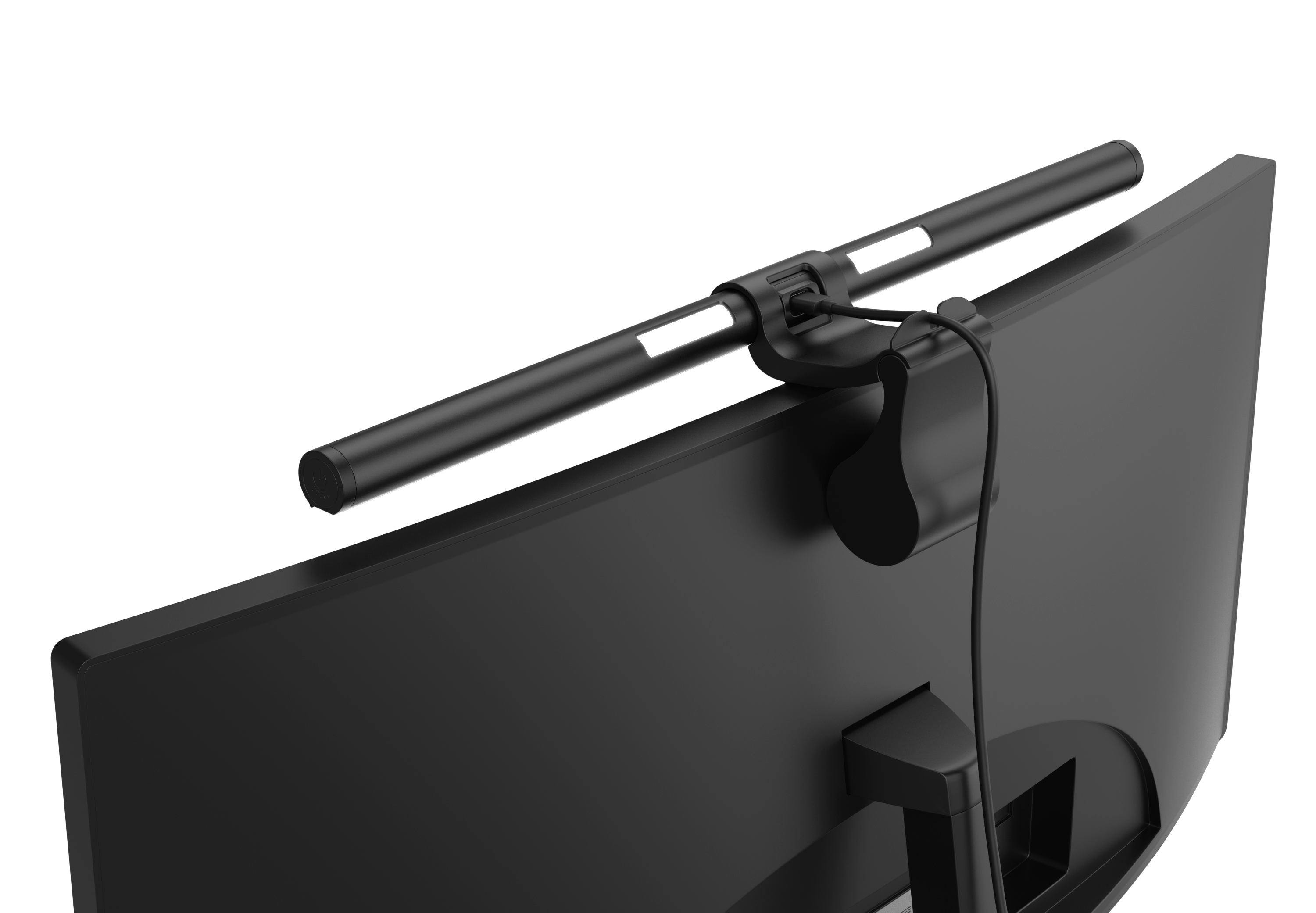 Schwarzer Monitor mit angebrachter, schlanker LED-Lampe, die über USB mit Strom versorgt wird.