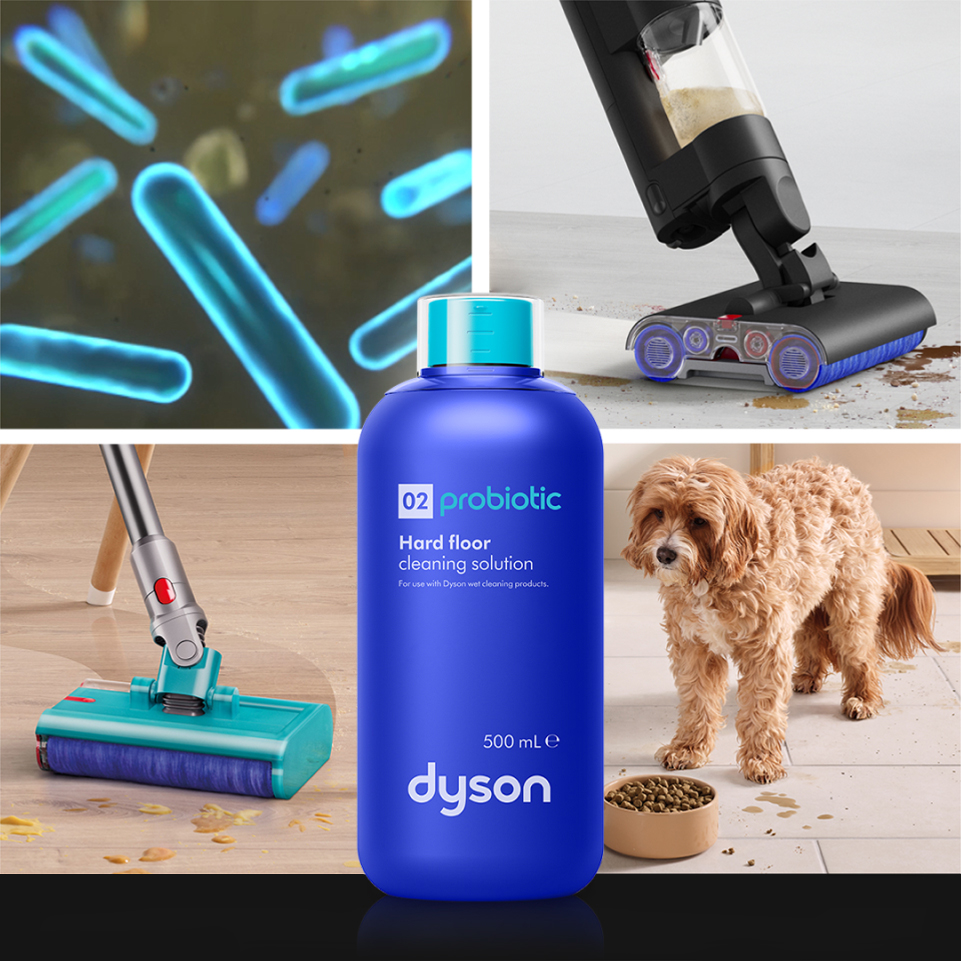 Un collage que muestra probióticos, una aspiradora Dyson, un limpiador de suelos Dyson y un perro.