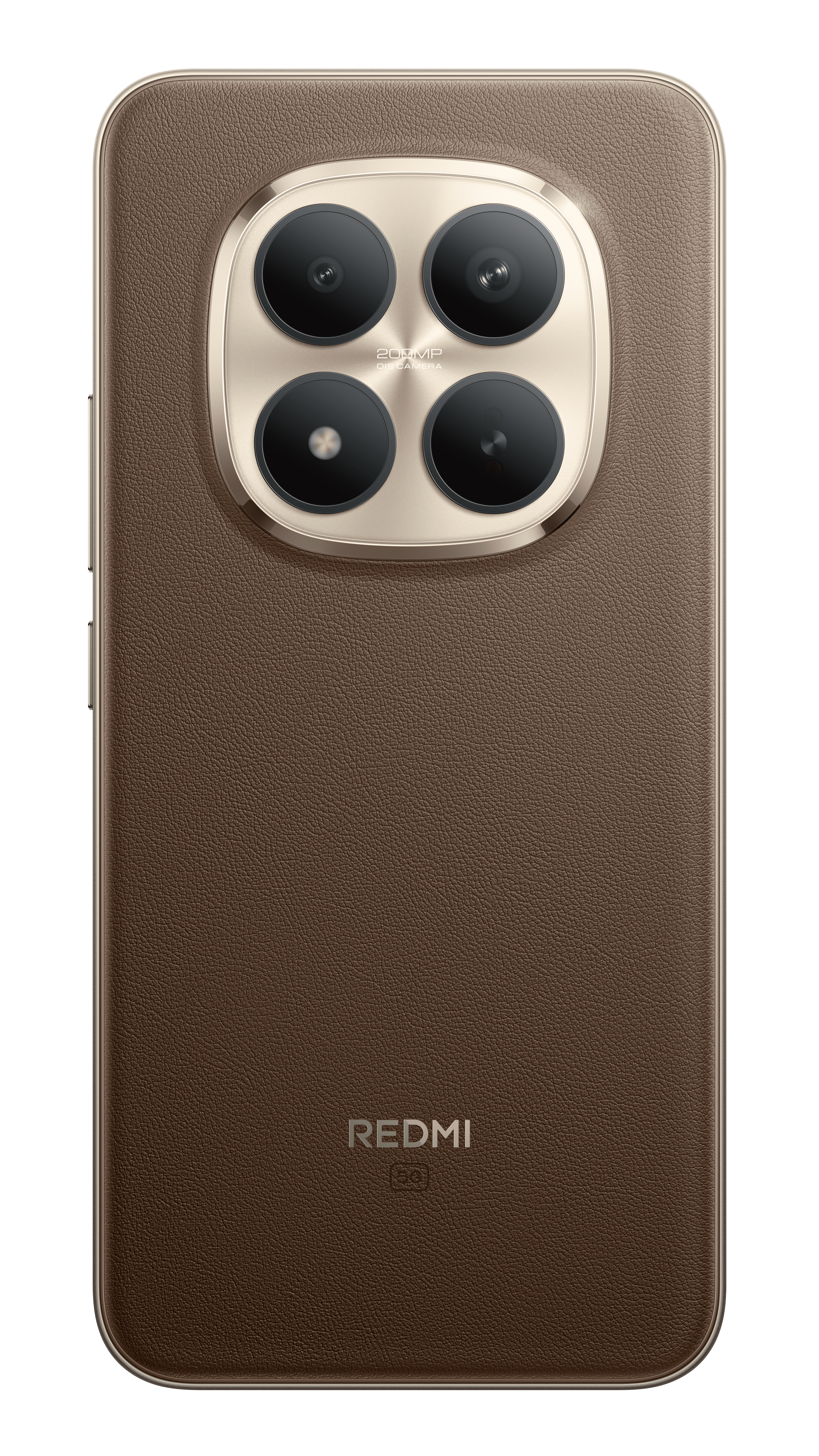 Dörtlü kamera ve Redmi logosuna sahip kahverengi deri dokulu telefon arka yüzü.