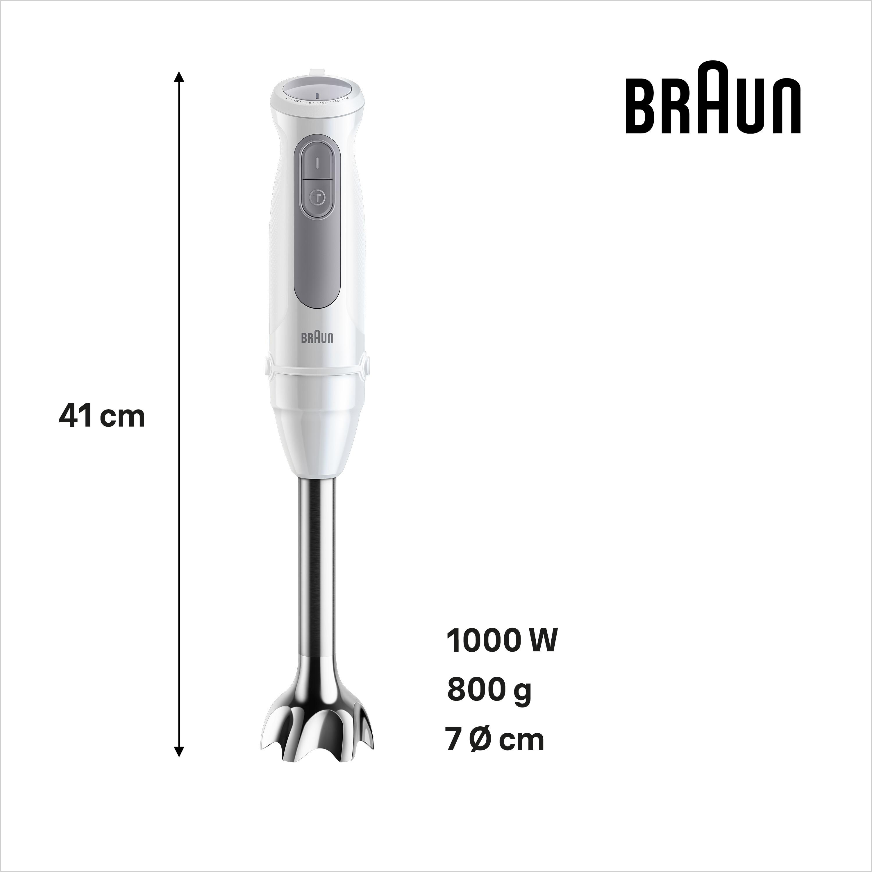 Weißer Braun-Handmixer, 41cm hoch, 1000W, 800g, 7cm Durchmesser.