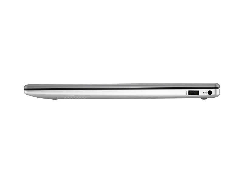 Ezüst laptop oldalnézetben, USB porttal és audio csatlakozóval.