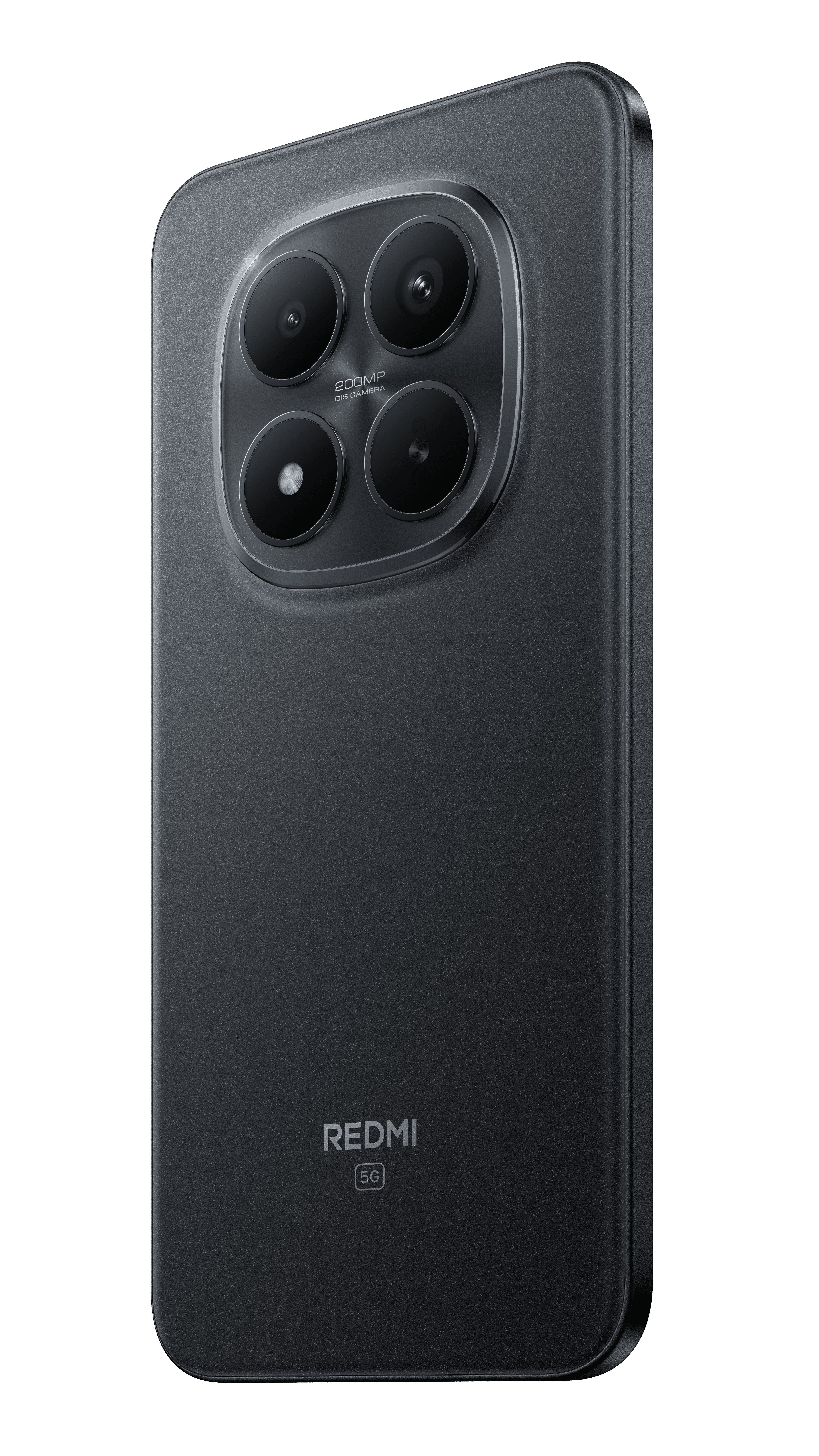 Dört lensli ve '200MP OIS CAMERA' yazılı dairesel kamera çıkıntısına sahip koyu gri akıllı telefon.