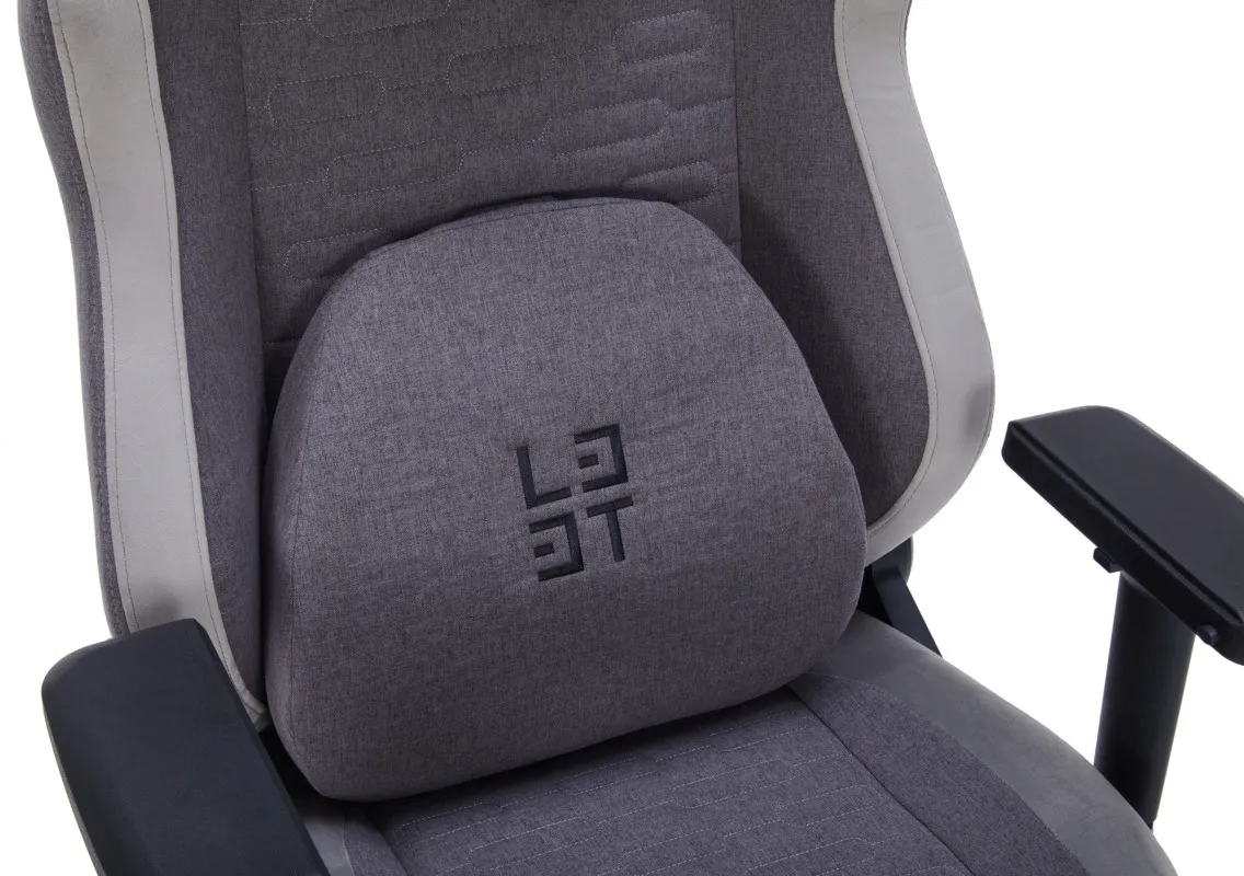 Una sedia da gaming grigia con cuscino lombare e logo nero.