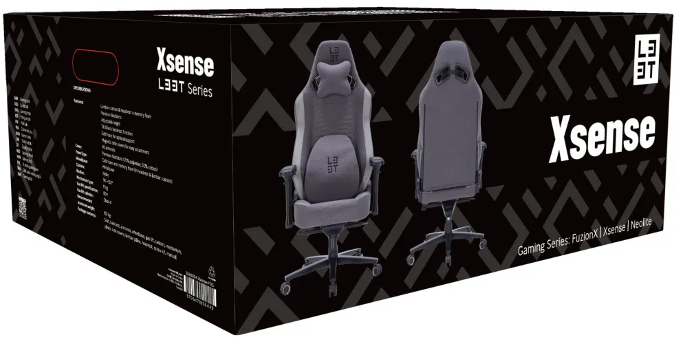 Scatola sedia gaming Xsense con vista anteriore e posteriore di una sedia grigia. Specifiche elencate.