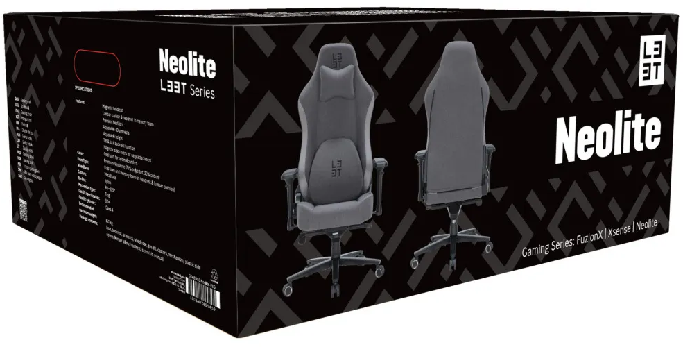 Boîte de fauteuil gaming gris Neolite, vues avant et arrière, avec détails produit.