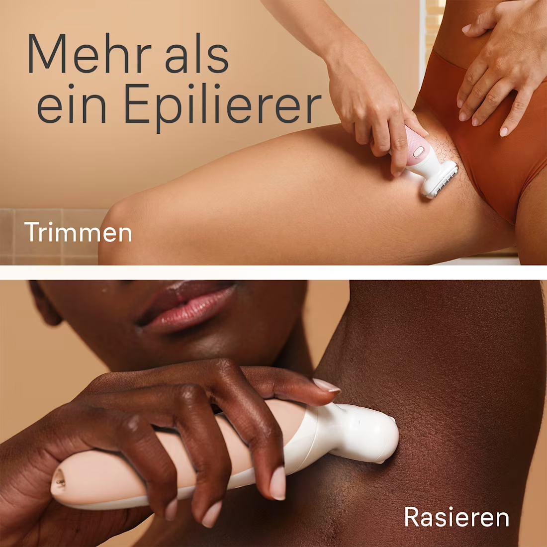 Zwei geteilte Bilder zeigen Haarentfernung. Oben: Bikinizone trimmen. Unten: Achsel rasieren.