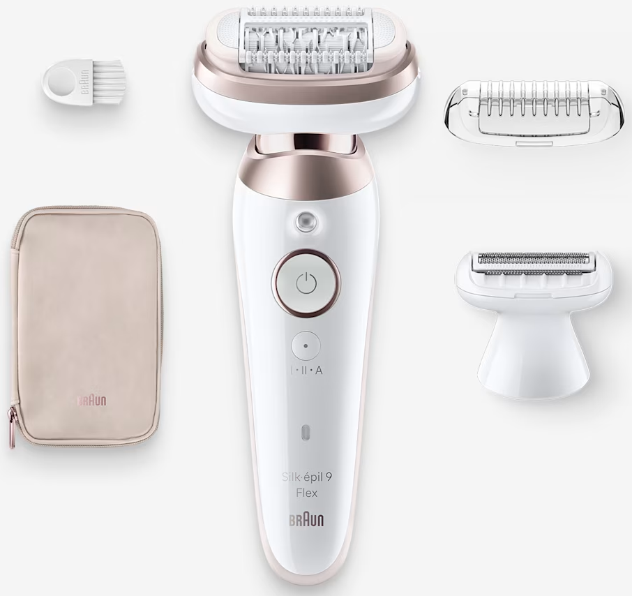 Braun Silk-épil 9 Flex Epilierer mit Zubehör: Scherkopf, Trimmeraufsatz, Reinigungsbürste und Tasche.