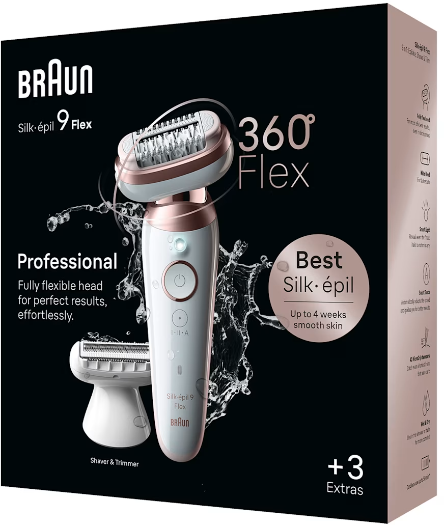 Braun Silk-épil 9 Flex Epilierer mit 360° Flexkopf und Rasieraufsatz.