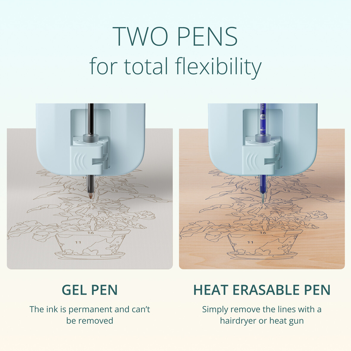 Due penne: penna gel nera su carta, penna cancellabile a caldo blu su legno.