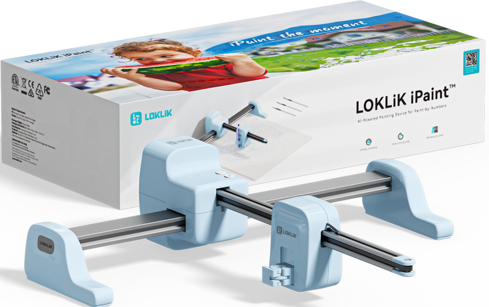 Dispositivo LOKLIK iPaint per dipingere con numeri, con scatola che mostra un bambino che mangia anguria.
